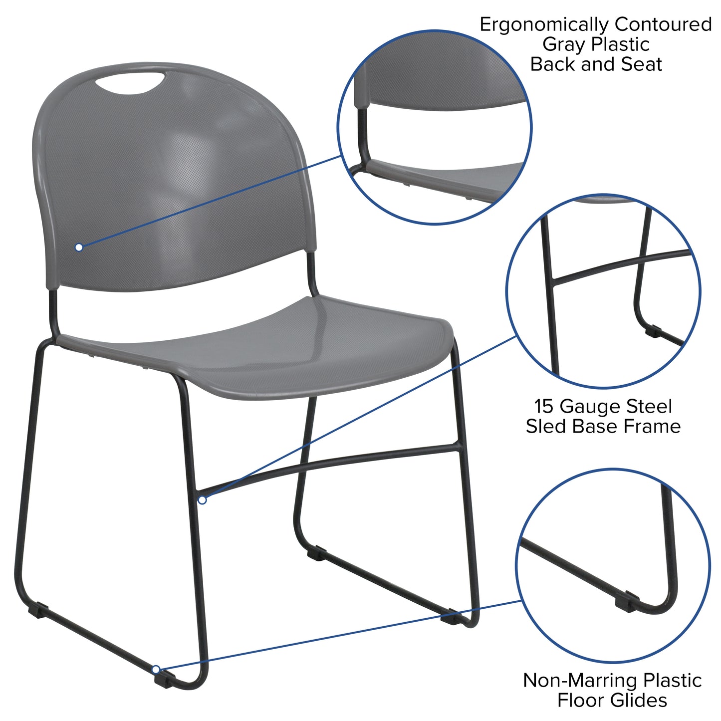 HERCULES Series 880 lb. Capacity Gray Ultra-Compact Stack Chair with Black Powder Coated Frame Gray Plastic/Black Frame RUT-188-GY-GG