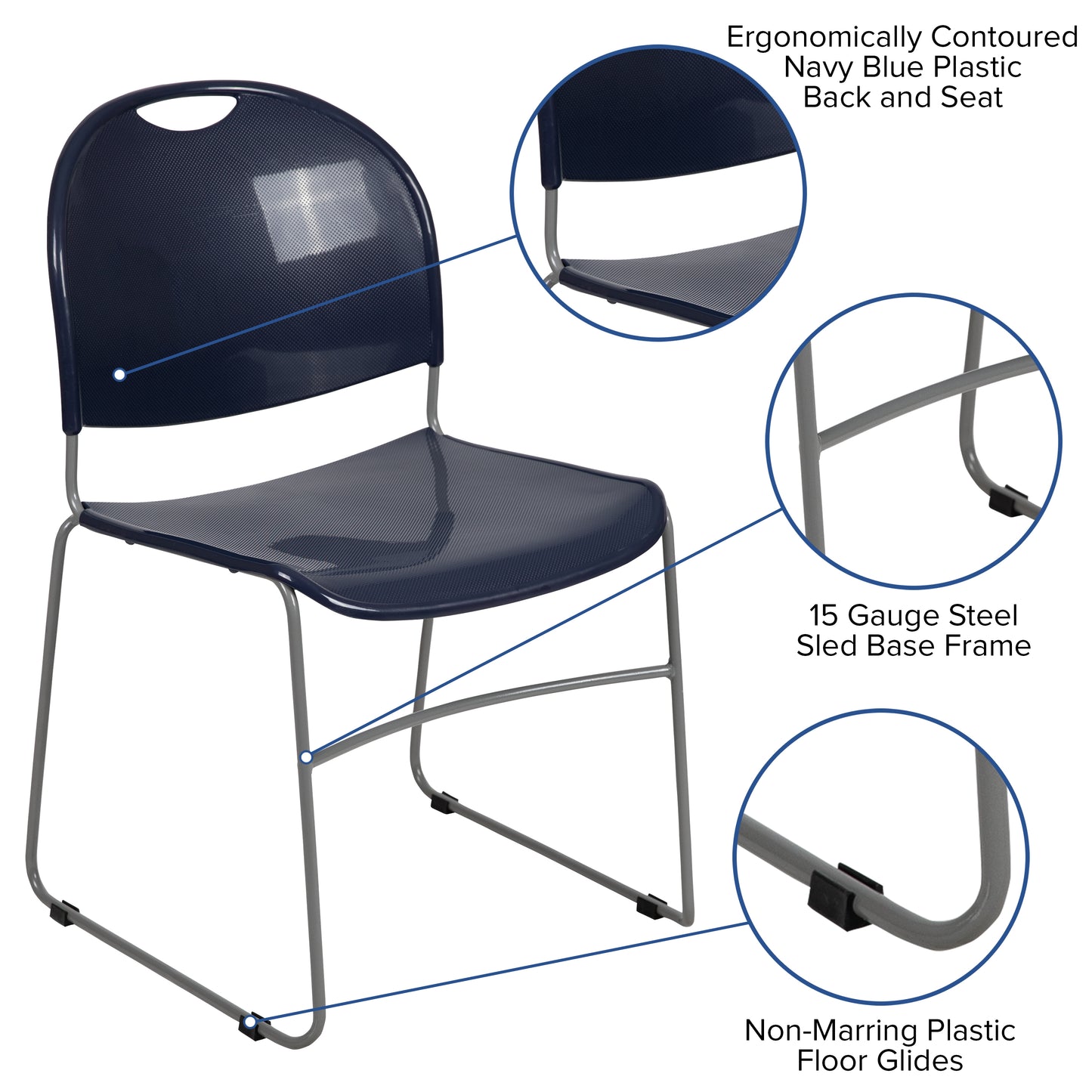 HERCULES Series 880 lb. Capacity Navy Ultra-Compact Stack Chair with Silver Powder Coated Frame Navy Plastic/Silver Frame RUT-188-NY-GG