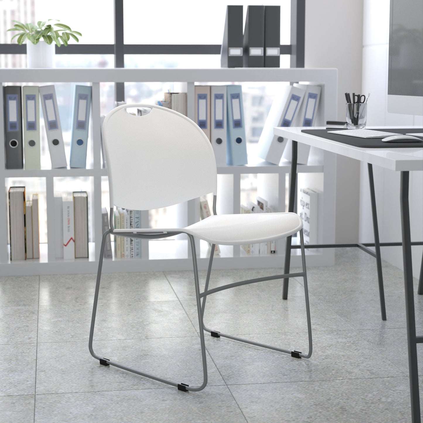 HERCULES Series 880 lb. Capacity White Ultra-Compact Stack Chair with Silver Powder Coated Frame White Plastic/Silver Frame