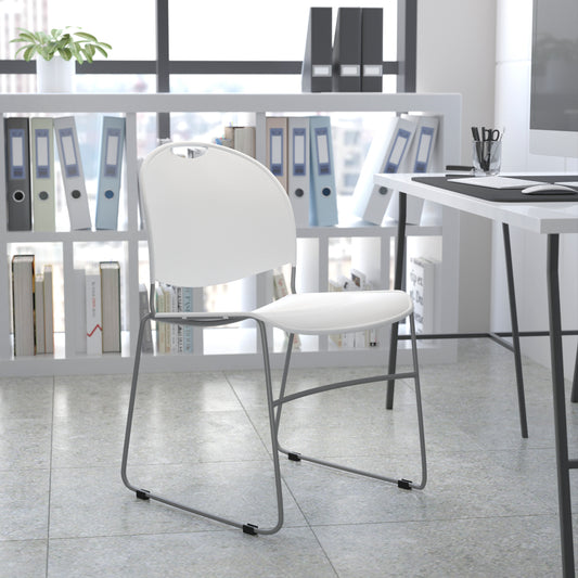 HERCULES Series 880 lb. Capacity White Ultra-Compact Stack Chair with Silver Powder Coated Frame White Plastic/Silver Frame