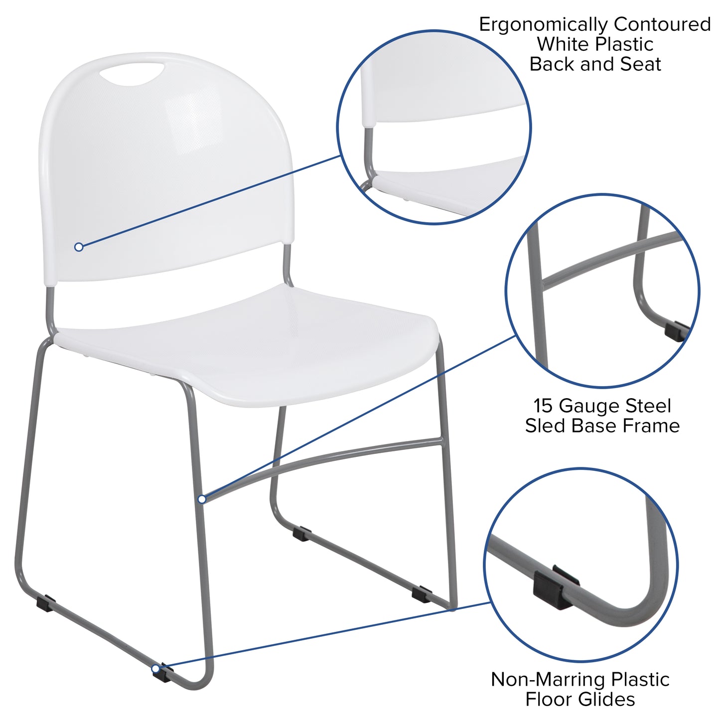 HERCULES Series 880 lb. Capacity White Ultra-Compact Stack Chair with Silver Powder Coated Frame White Plastic/Silver Frame