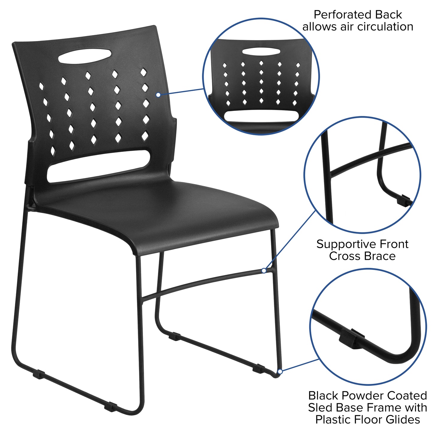 HERCULES Series 881 lb. Capacity Black Sled Base Stack Chair with Air-Vent Back Black