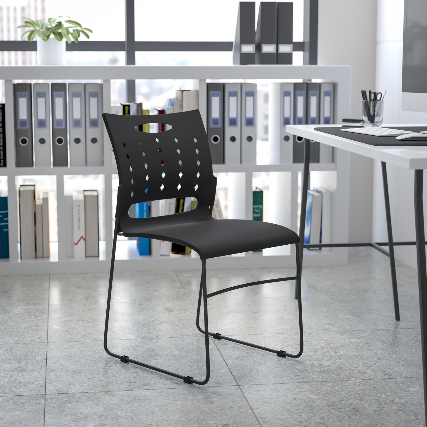 HERCULES Series 881 lb. Capacity Black Sled Base Stack Chair with Air-Vent Back Black