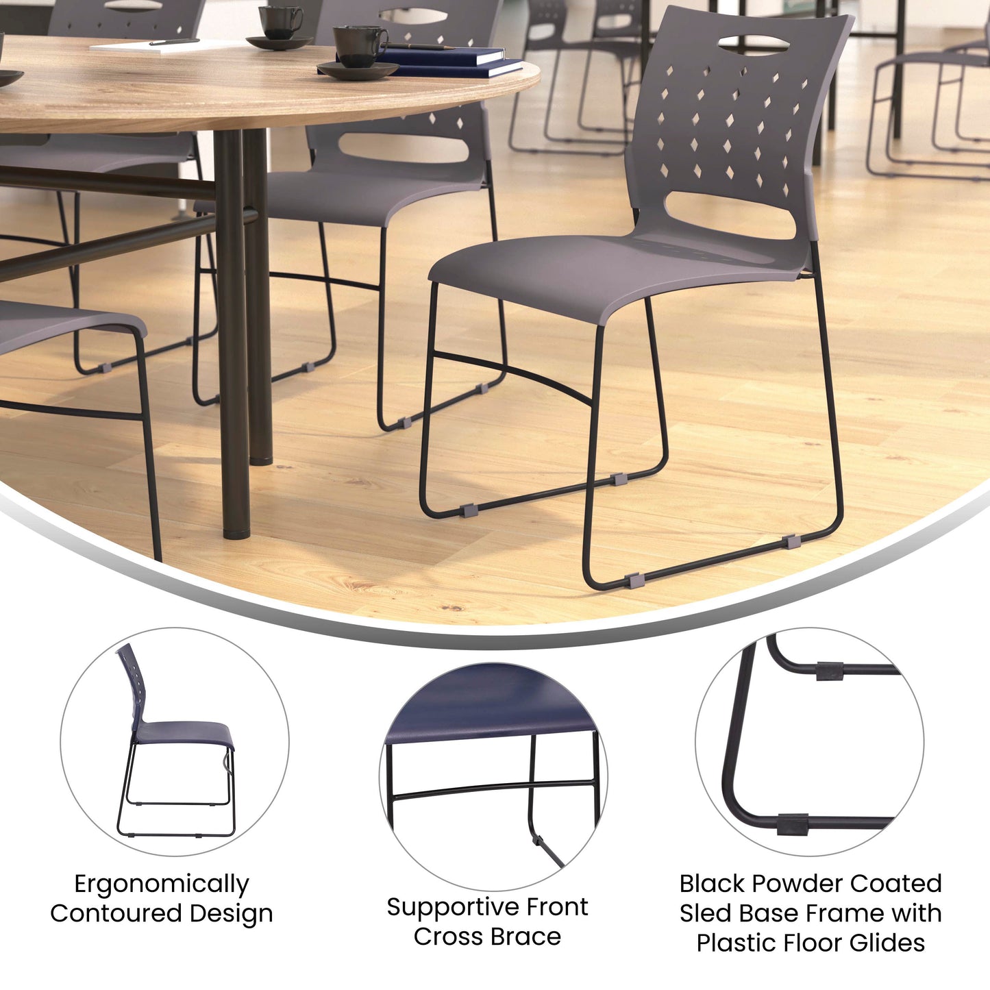 HERCULES Series 881 lb. Capacity Gray Sled Base Stack Chair with Air-Vent Back Gray