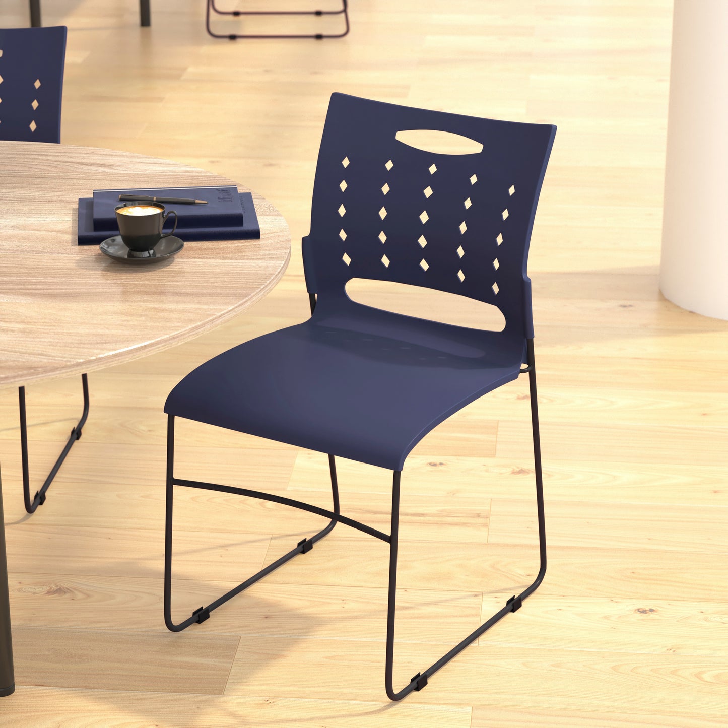 HERCULES Series 881 lb. Capacity Navy Sled Base Stack Chair with Air-Vent Back Navy
