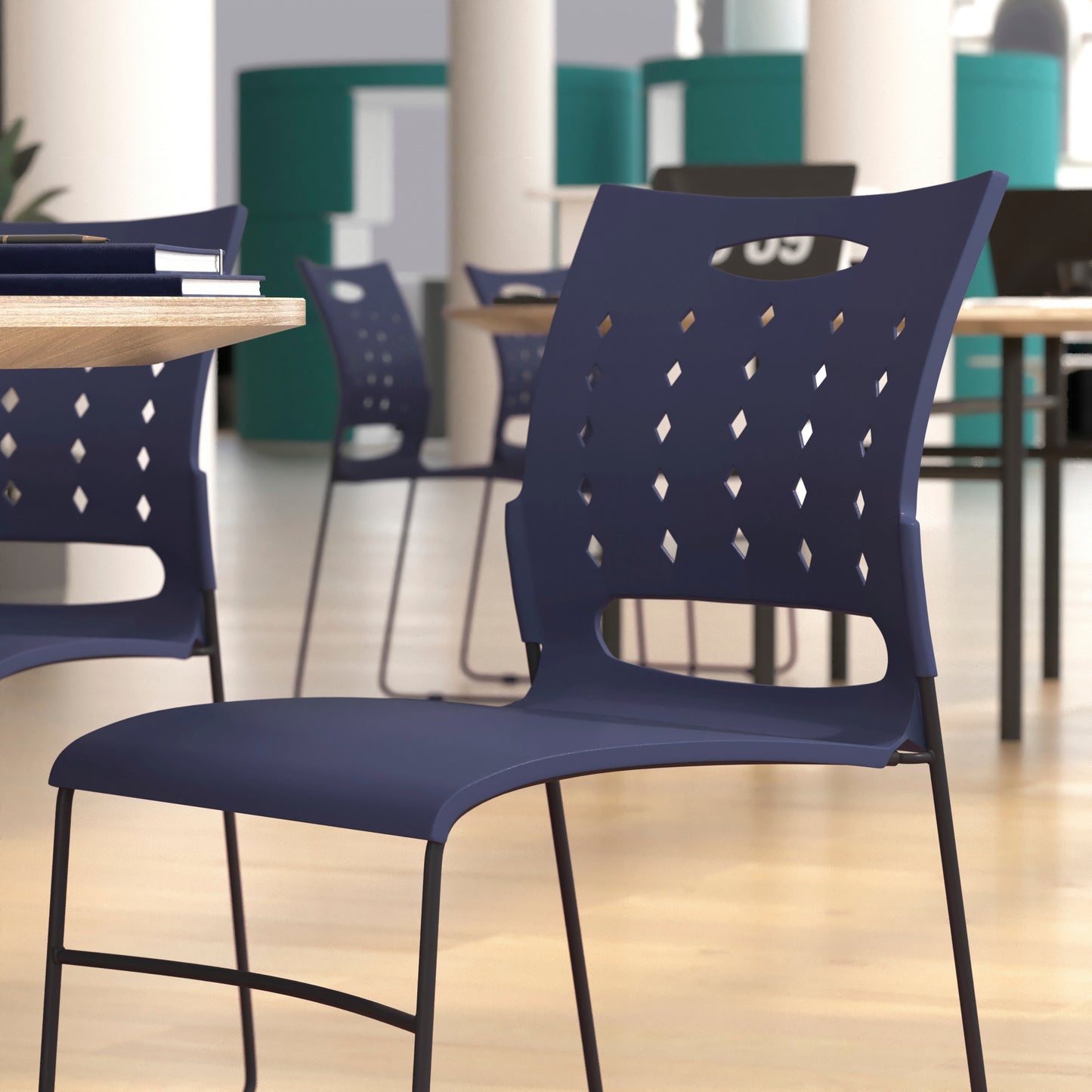 HERCULES Series 881 lb. Capacity Navy Sled Base Stack Chair with Air-Vent Back Navy