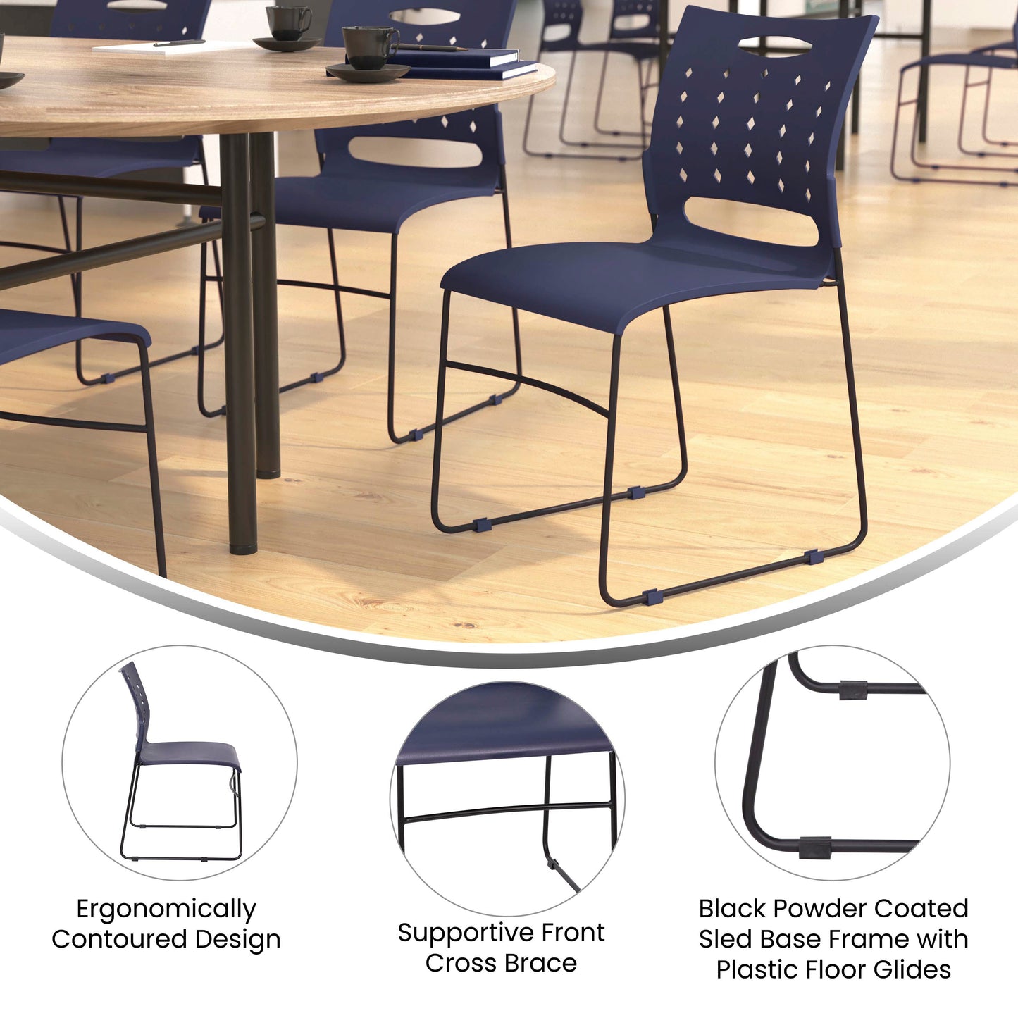 HERCULES Series 881 lb. Capacity Navy Sled Base Stack Chair with Air-Vent Back Navy