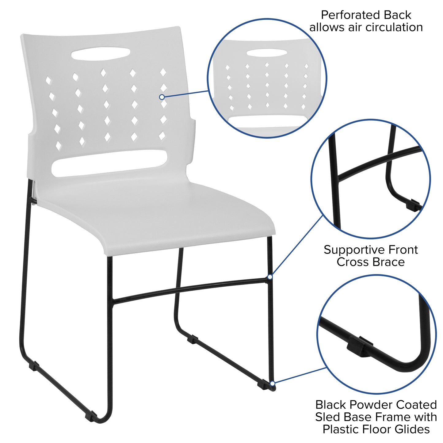 HERCULES Series 881 lb. Capacity White Sled Base Stack Chair with Air-Vent Back White