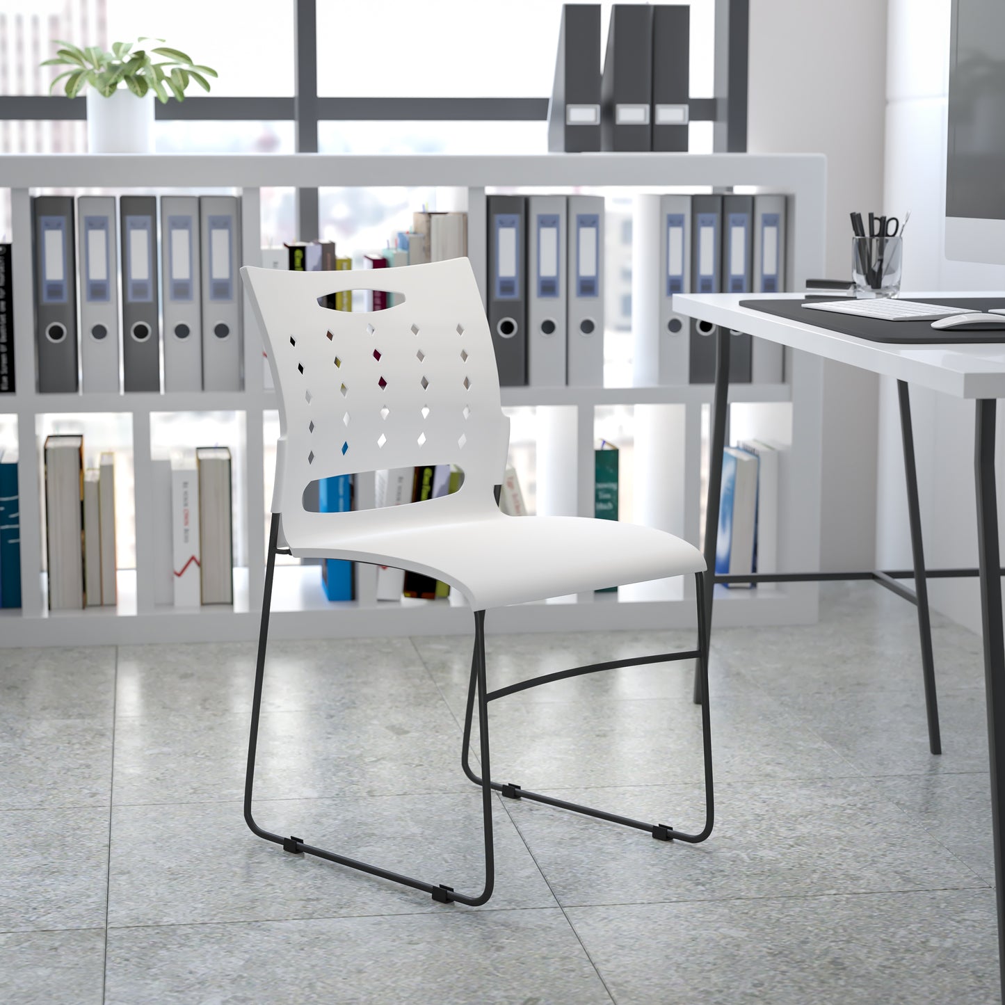 HERCULES Series 881 lb. Capacity White Sled Base Stack Chair with Air-Vent Back White
