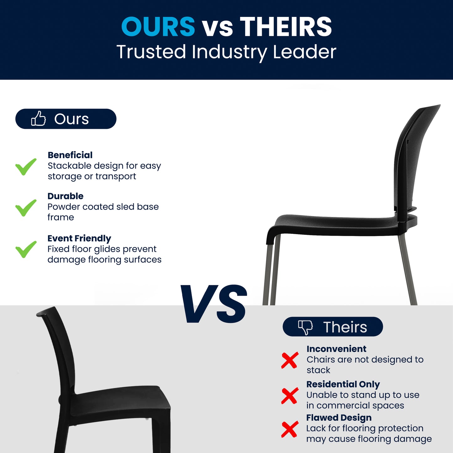 HERCULES Series 880 lb. Capacity Black Full Back Contoured Stack Chair with Gray Powder Coated Sled Base Black RUT-238A-BK-GG