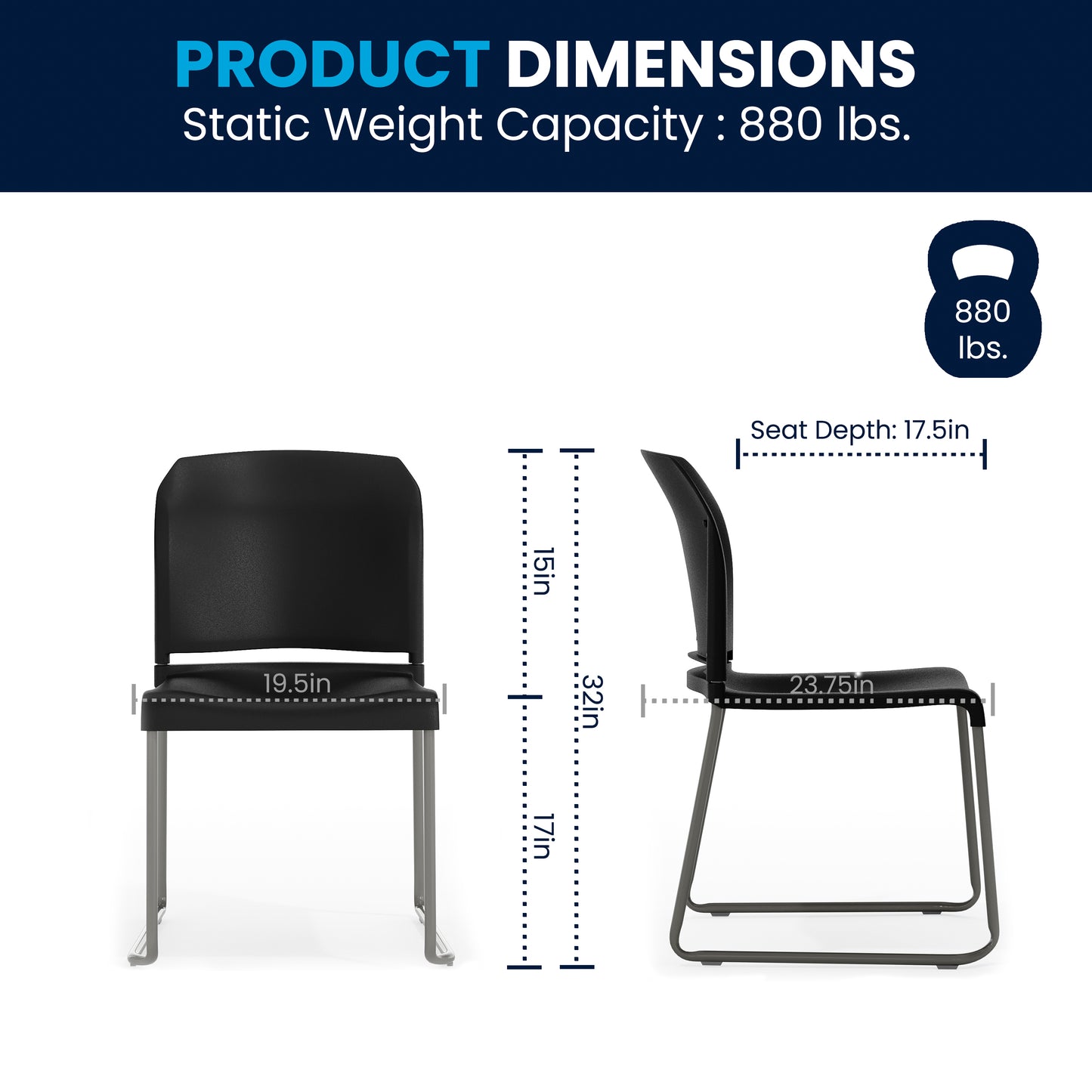 HERCULES Series 880 lb. Capacity Black Full Back Contoured Stack Chair with Gray Powder Coated Sled Base Black RUT-238A-BK-GG