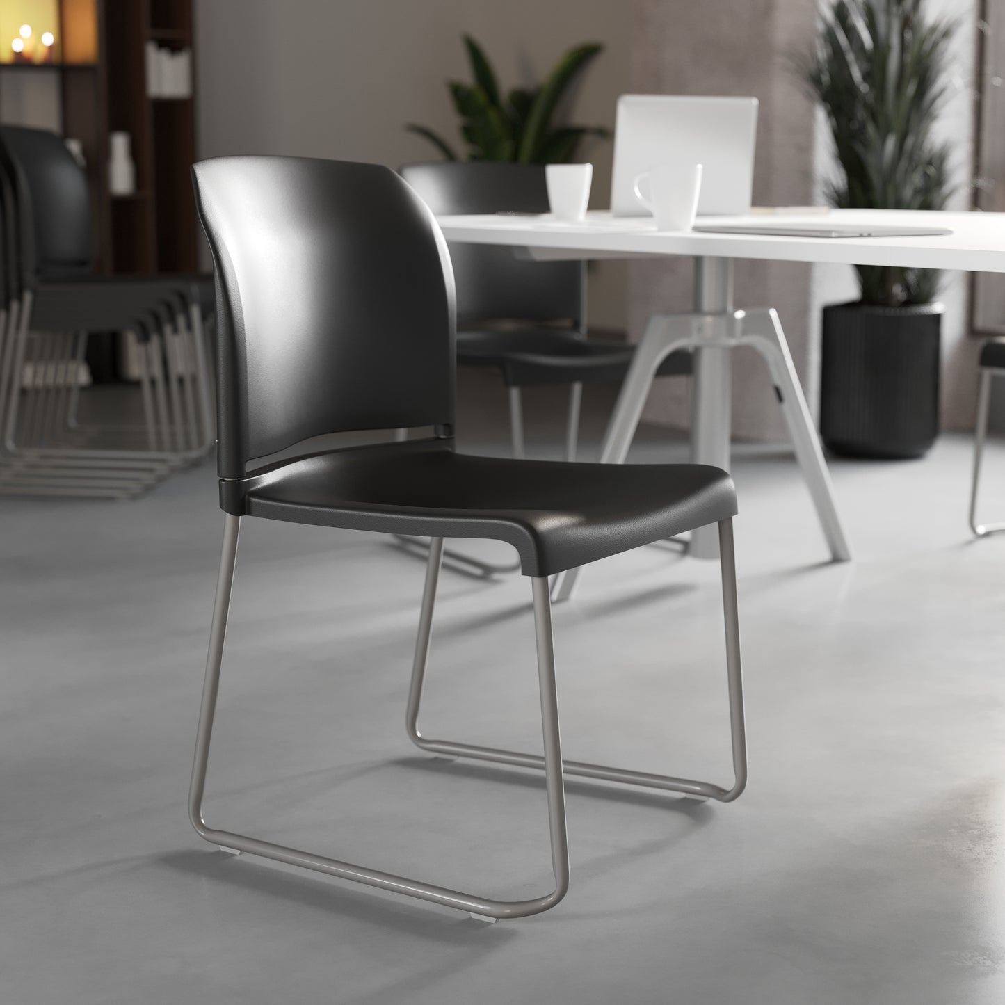 HERCULES Series 880 lb. Capacity Black Full Back Contoured Stack Chair with Gray Powder Coated Sled Base Black RUT-238A-BK-GG