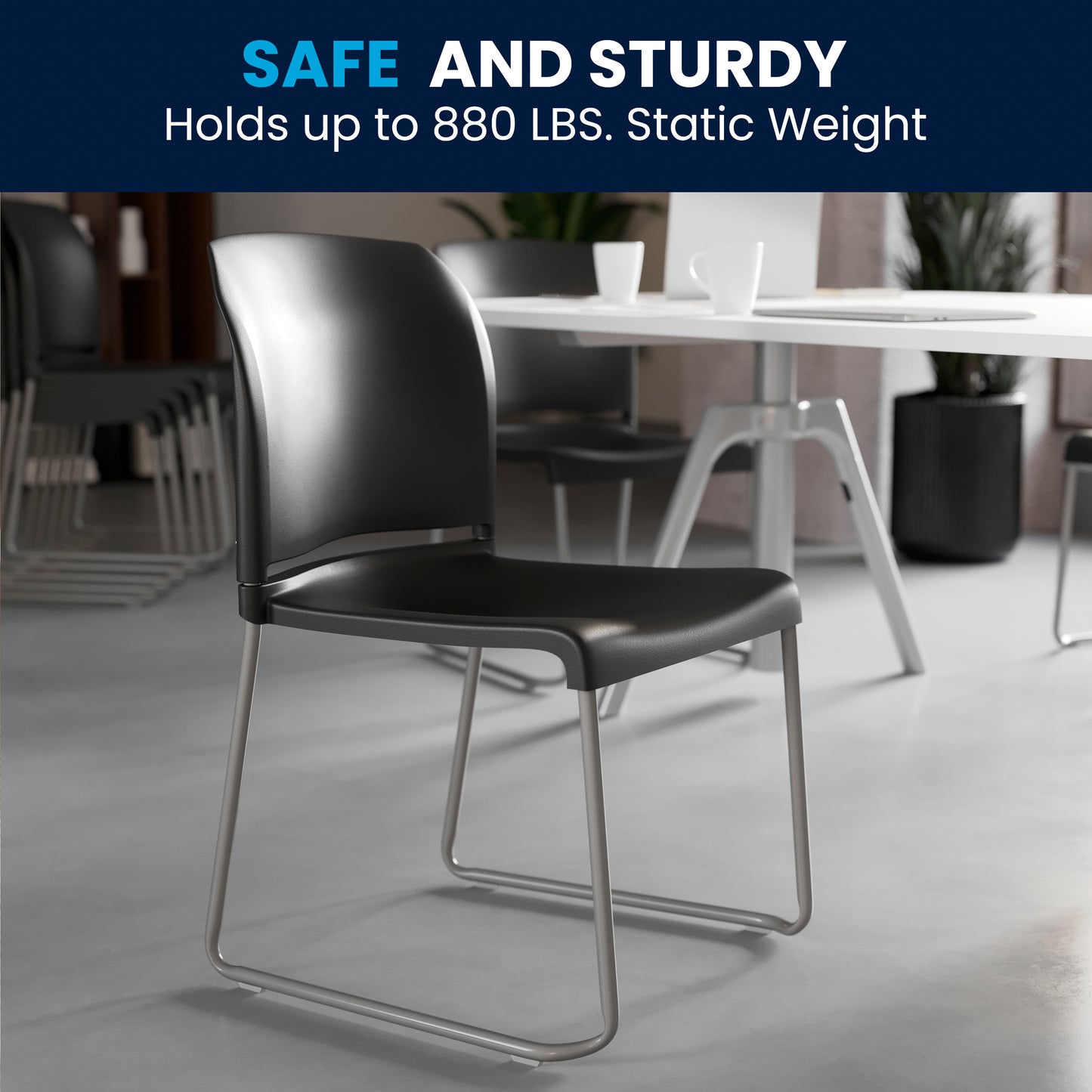 HERCULES Series 880 lb. Capacity Black Full Back Contoured Stack Chair with Gray Powder Coated Sled Base Black RUT-238A-BK-GG