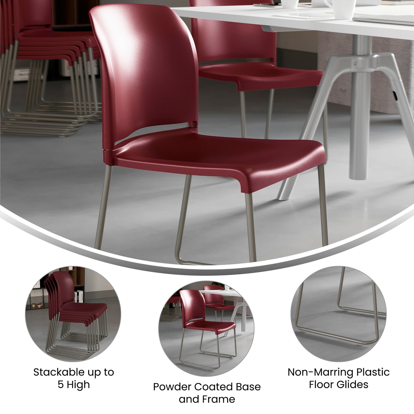 HERCULES Series 880 lb. Capacity Burgundy Full Back Contoured Stack Chair with Gray Powder Coated Sled Base Burgundy