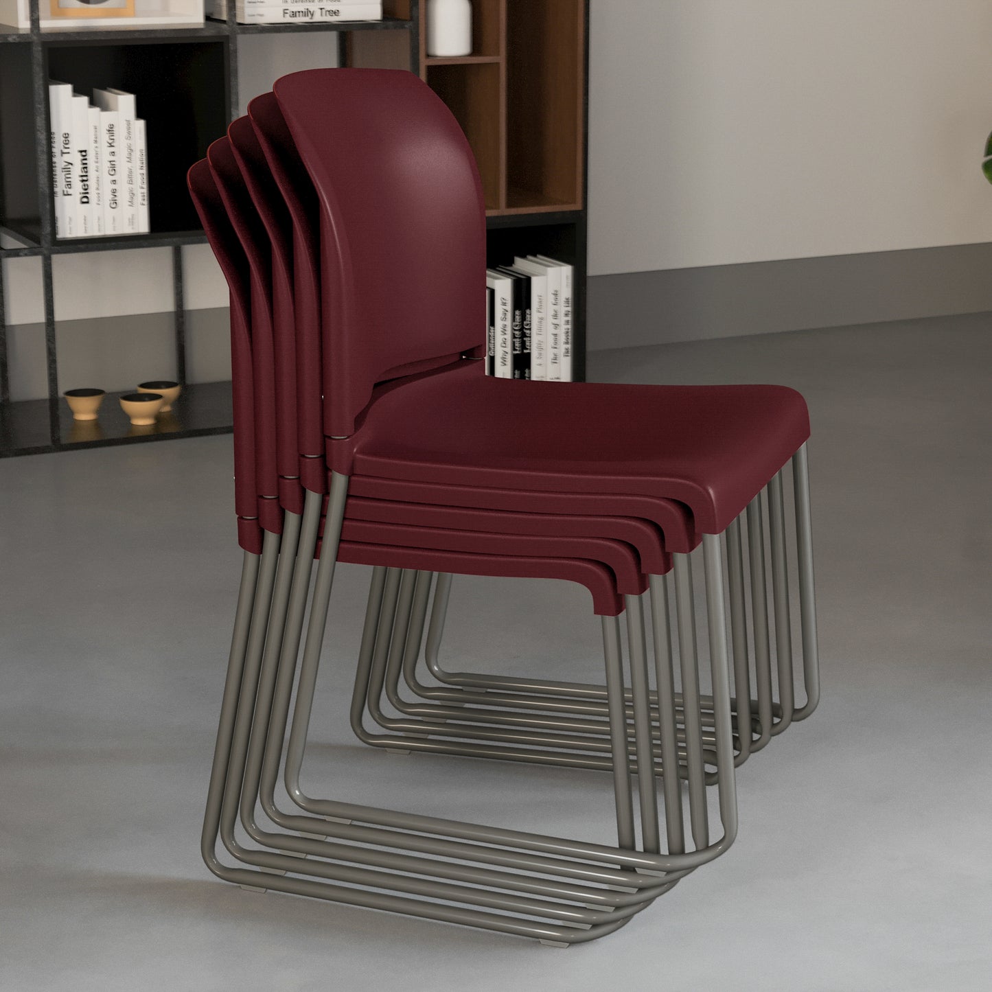 HERCULES Series 880 lb. Capacity Burgundy Full Back Contoured Stack Chair with Gray Powder Coated Sled Base Burgundy