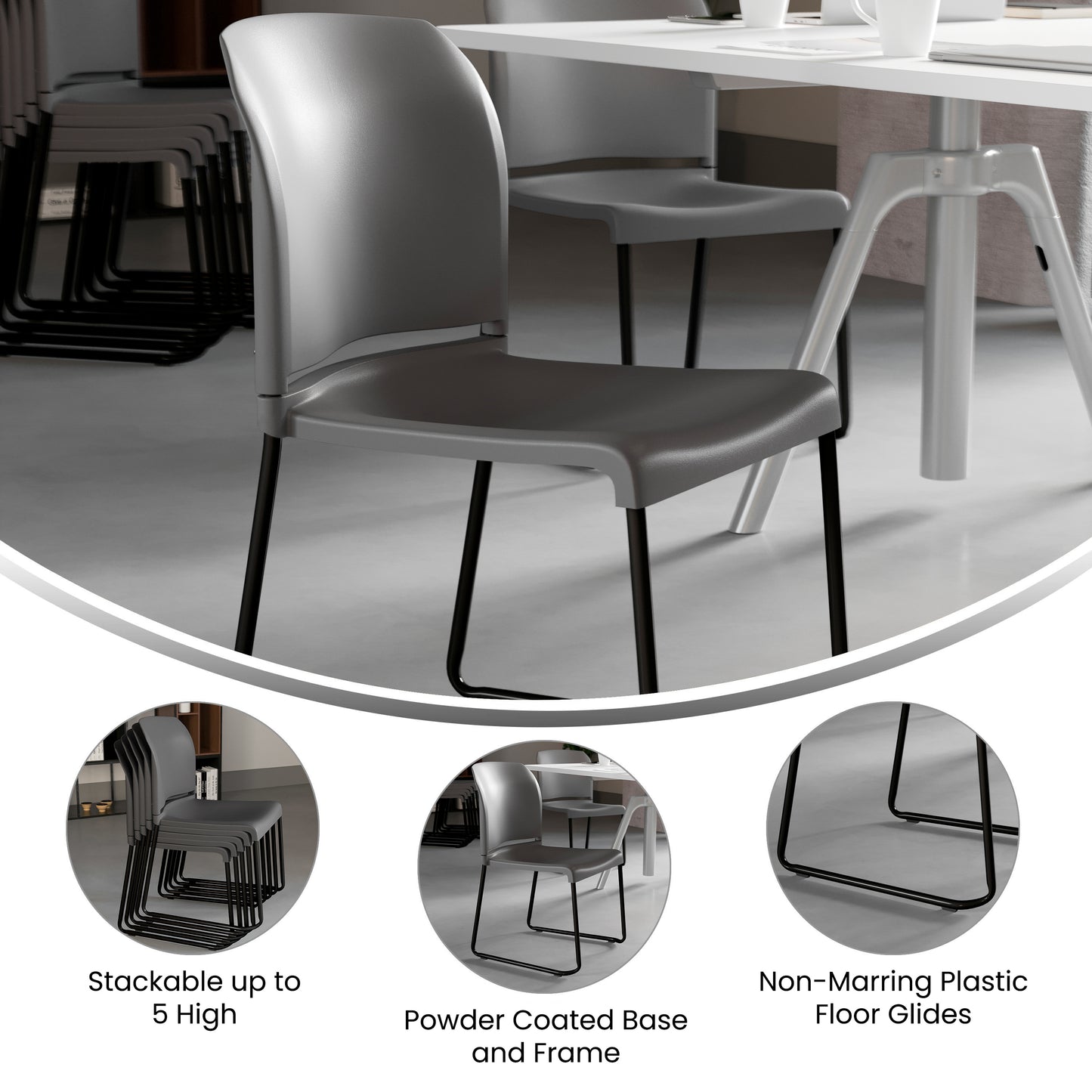 HERCULES Series 880 lb. Capacity Gray Full Back Contoured Stack Chair with Black Powder Coated Sled Base Gray