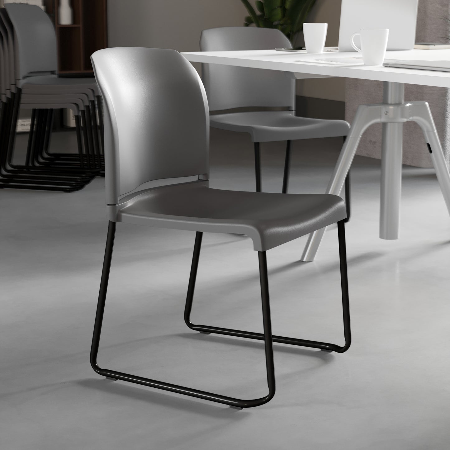 HERCULES Series 880 lb. Capacity Gray Full Back Contoured Stack Chair with Black Powder Coated Sled Base Gray