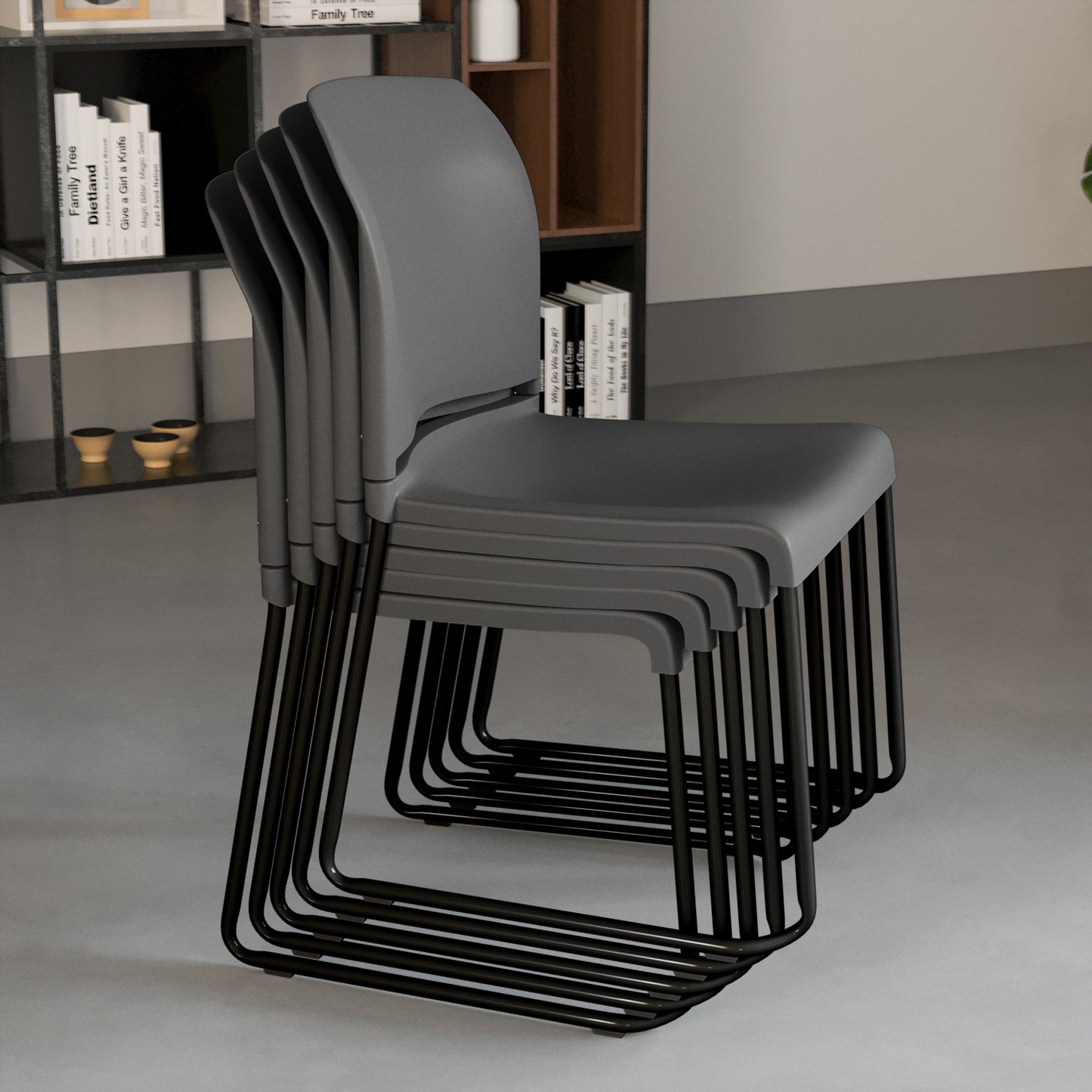 HERCULES Series 880 lb. Capacity Gray Full Back Contoured Stack Chair with Black Powder Coated Sled Base Gray