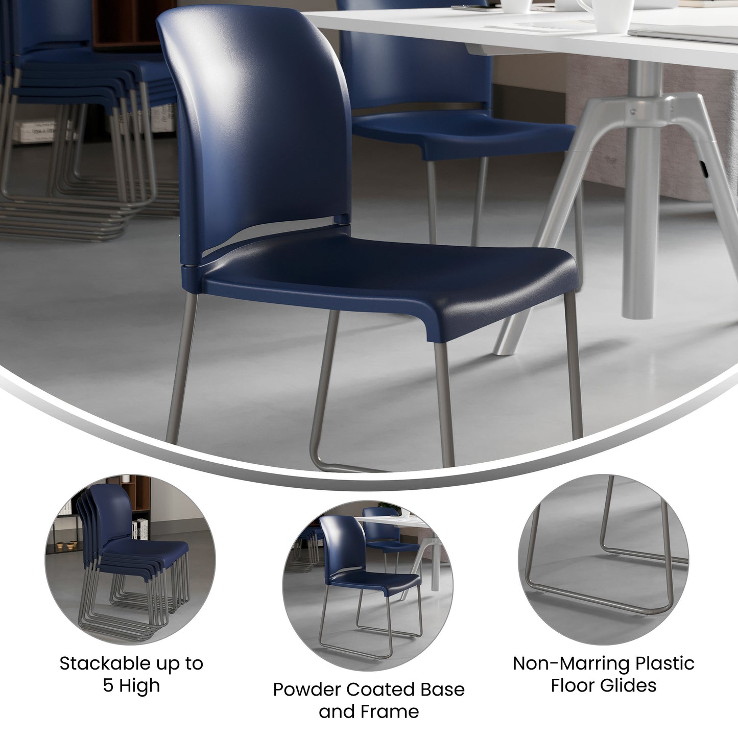 HERCULES Series 880 lb. Capacity Navy Full Back Contoured Stack Chair with Gray Powder Coated Sled Base Navy