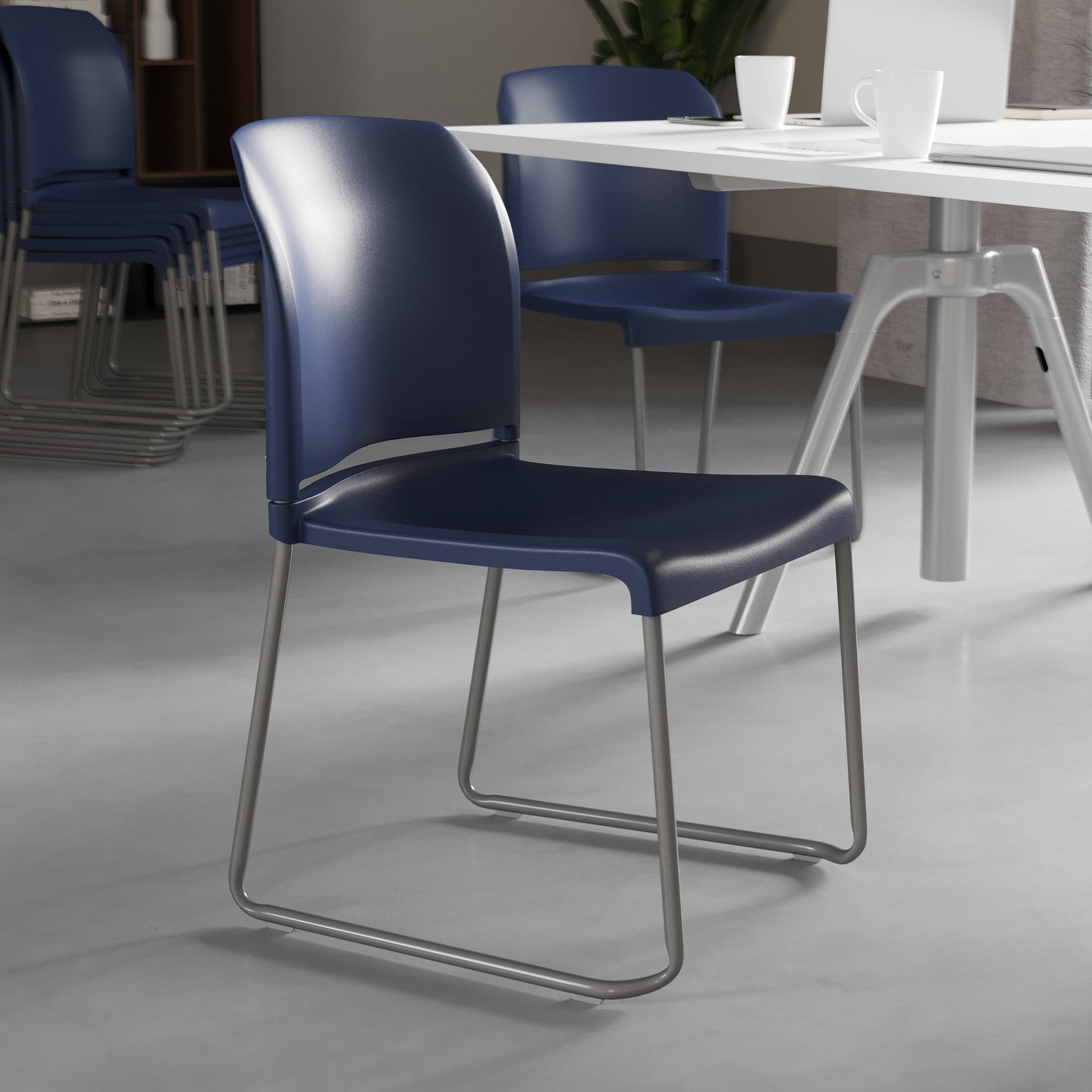 HERCULES Series 880 lb. Capacity Navy Full Back Contoured Stack Chair with Gray Powder Coated Sled Base Navy