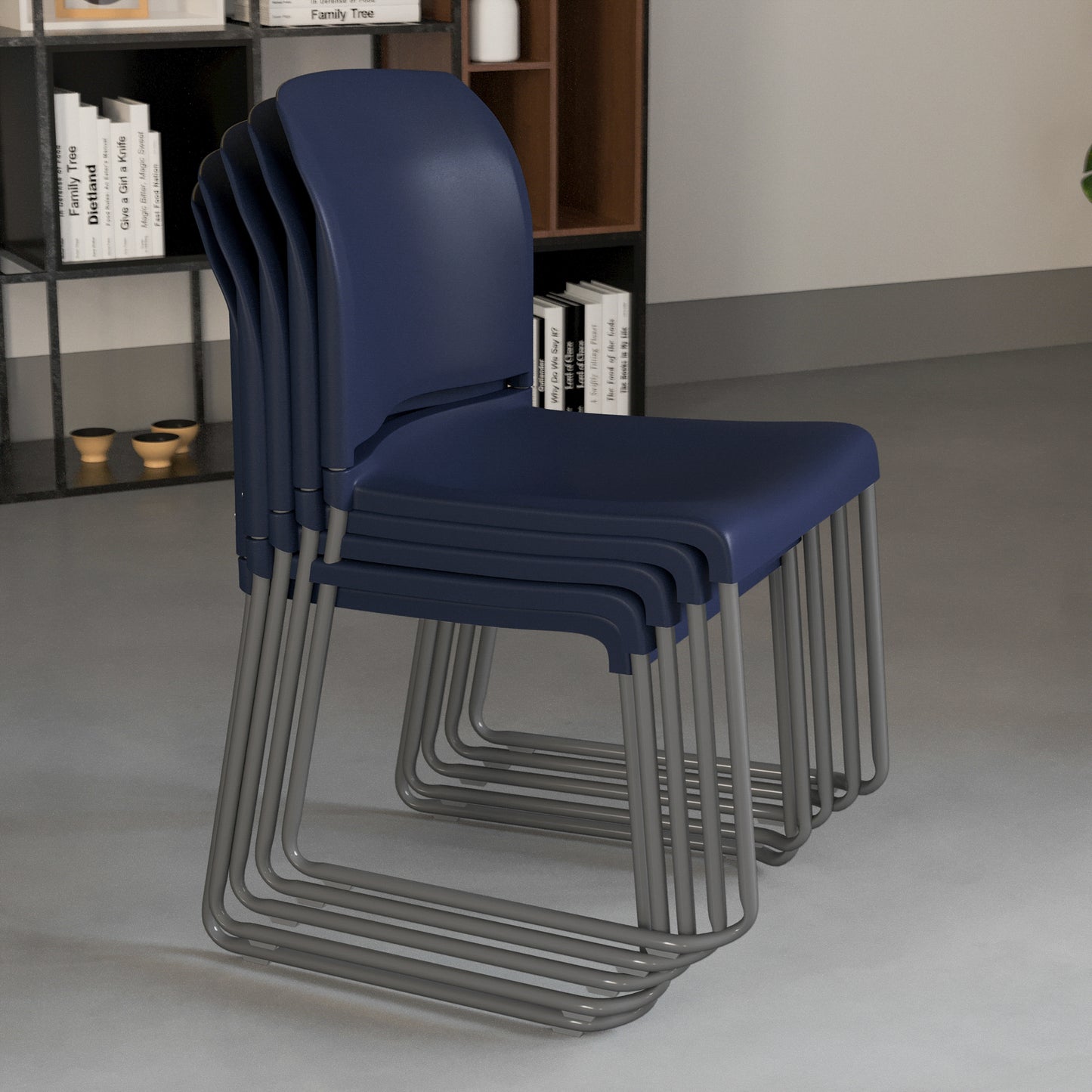 HERCULES Series 880 lb. Capacity Navy Full Back Contoured Stack Chair with Gray Powder Coated Sled Base Navy