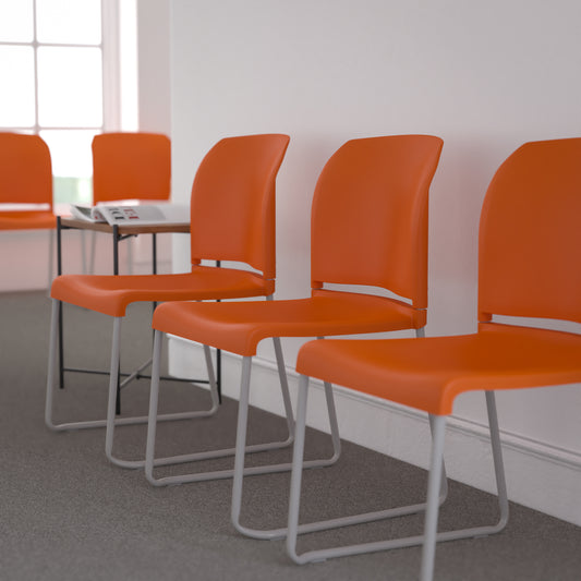 HERCULES Series 880 lb. Capacity Orange Full Back Contoured Stack Chair with Gray Powder Coated Sled Base Orange