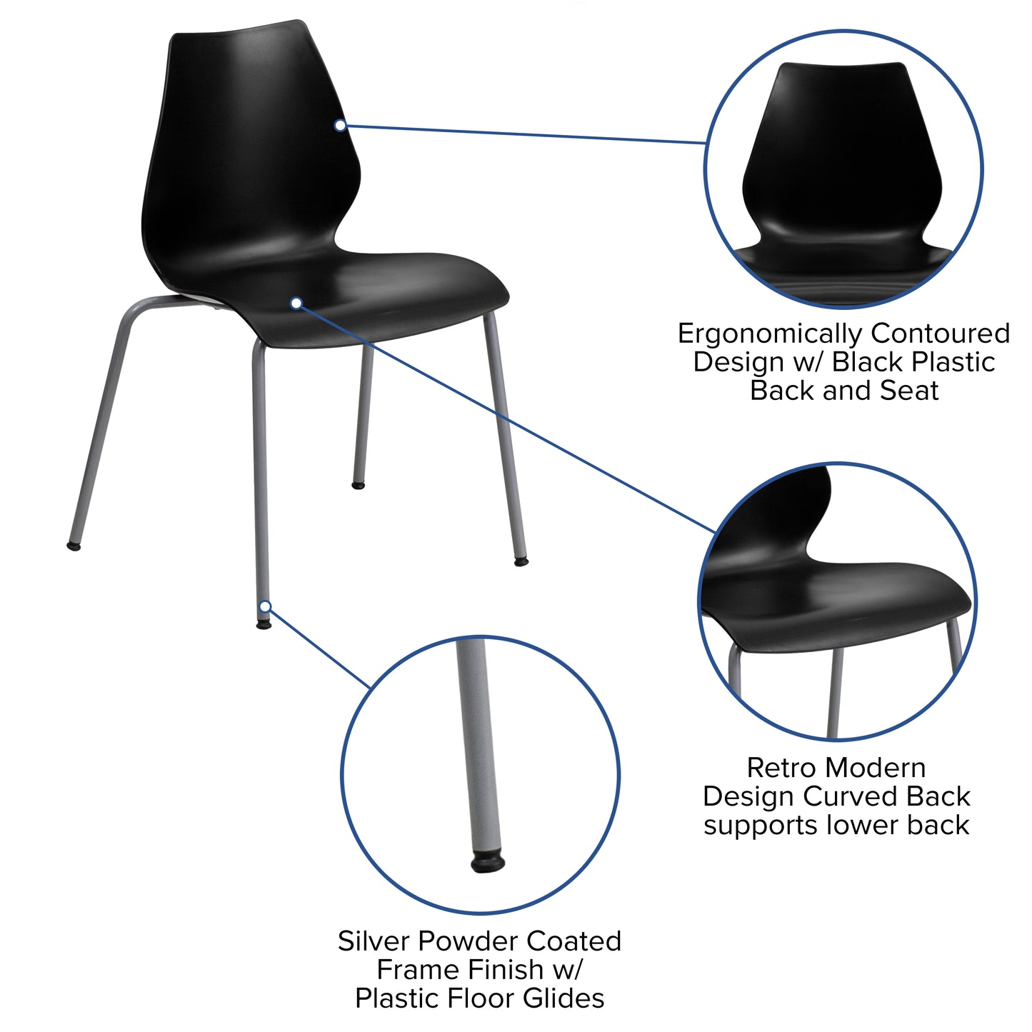 HERCULES Series 770 lb. Capacity Black Stack Chair with Lumbar Support and Silver Frame Black