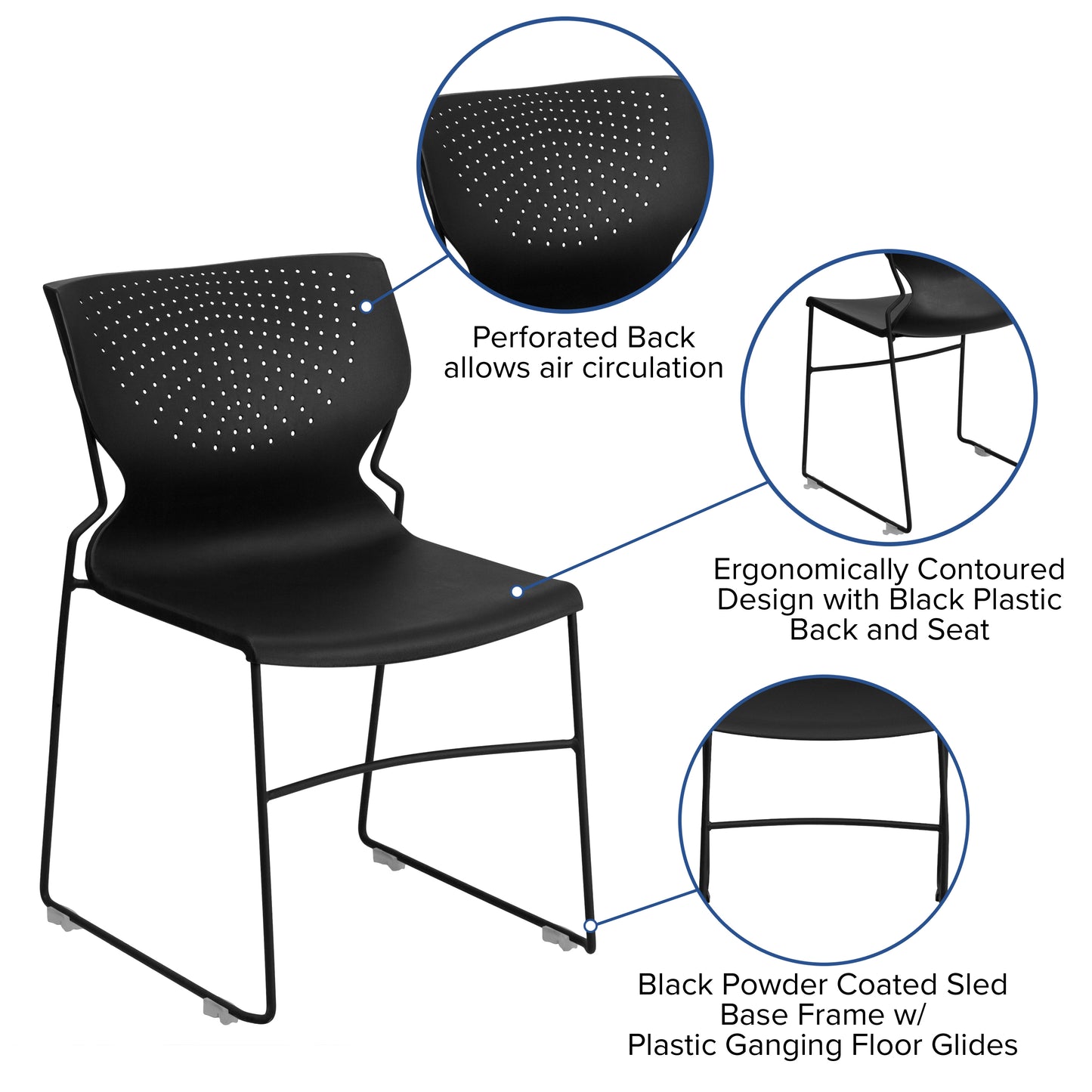 HERCULES Series 661 lb. Capacity Black Full Back Stack Chair with Black Powder Coated Frame Black RUT-438-BK-GG