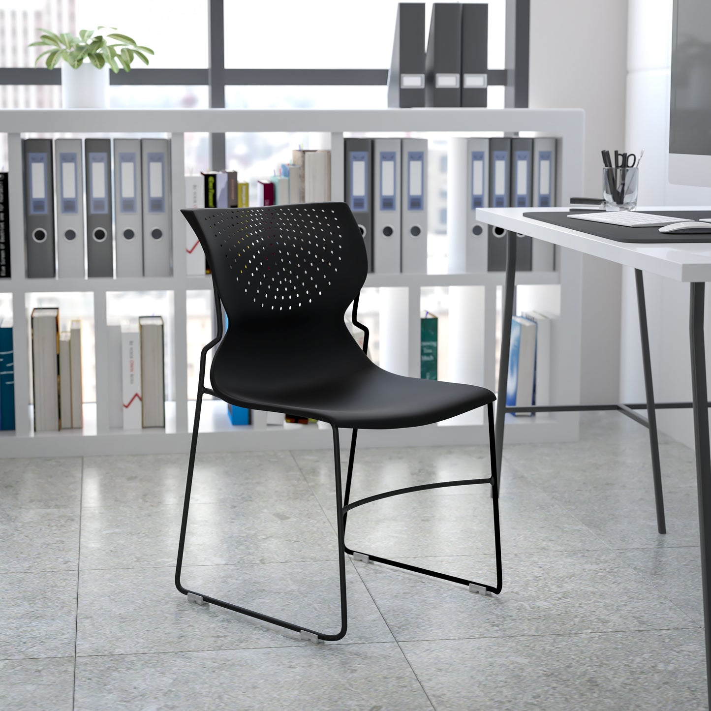 HERCULES Series 661 lb. Capacity Black Full Back Stack Chair with Black Powder Coated Frame Black RUT-438-BK-GG
