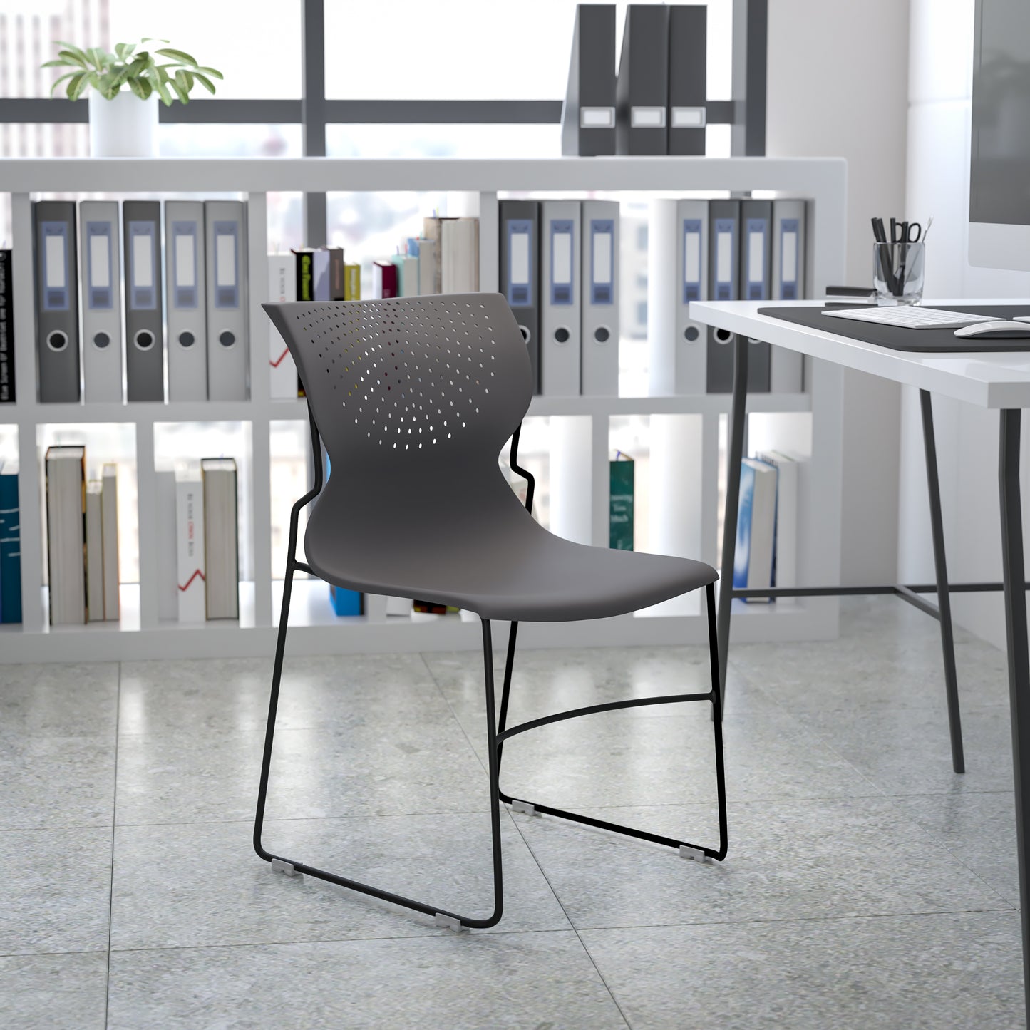 HERCULES Series 661 lb. Capacity Gray Full Back Stack Chair with Black Powder Coated Frame Gray