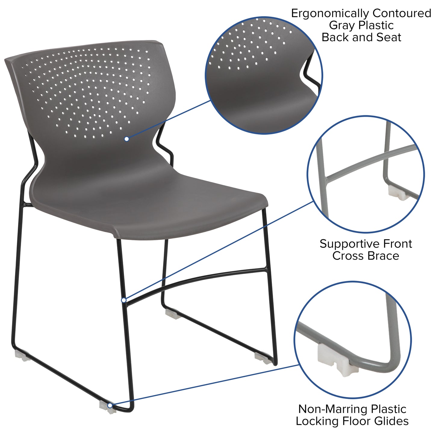 HERCULES Series 661 lb. Capacity Gray Full Back Stack Chair with Black Powder Coated Frame Gray