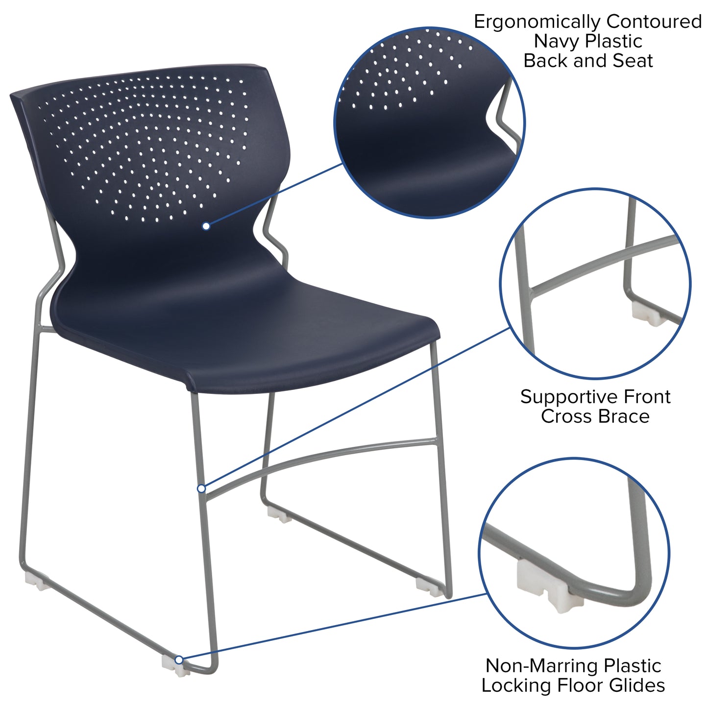 HERCULES Series 661 lb. Capacity Navy Full Back Stack Chair with Gray Powder Coated Frame Navy