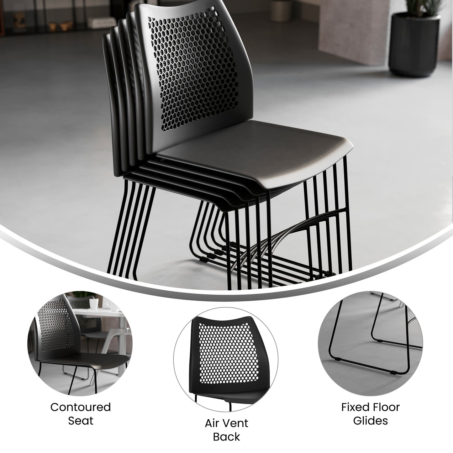 HERCULES Series 661 lb. Capacity Black Stack Chair with Air-Vent Back and Black Powder Coated Sled Base Black
