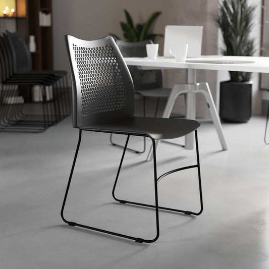 HERCULES Series 661 lb. Capacity Black Stack Chair with Air-Vent Back and Black Powder Coated Sled Base Black