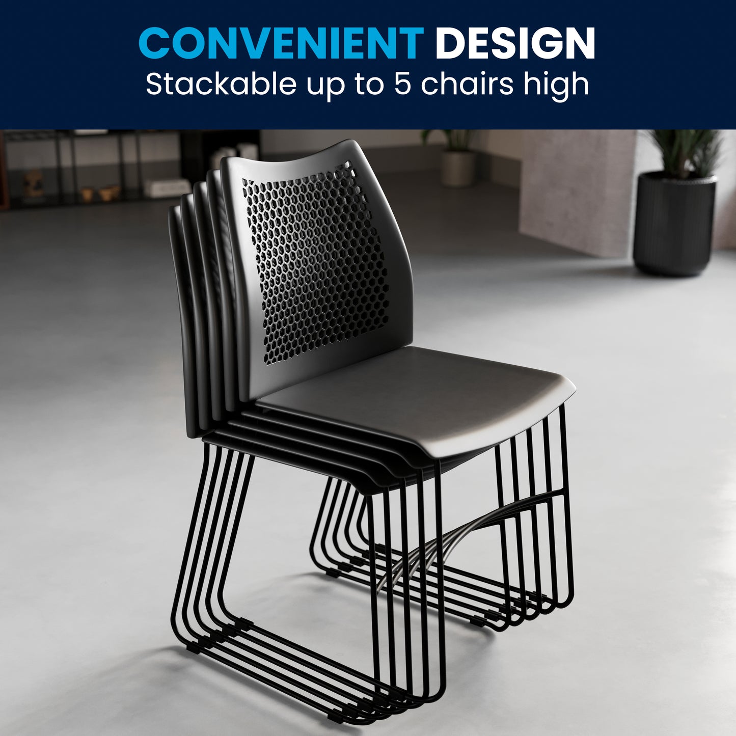 HERCULES Series 661 lb. Capacity Black Stack Chair with Air-Vent Back and Black Powder Coated Sled Base Black