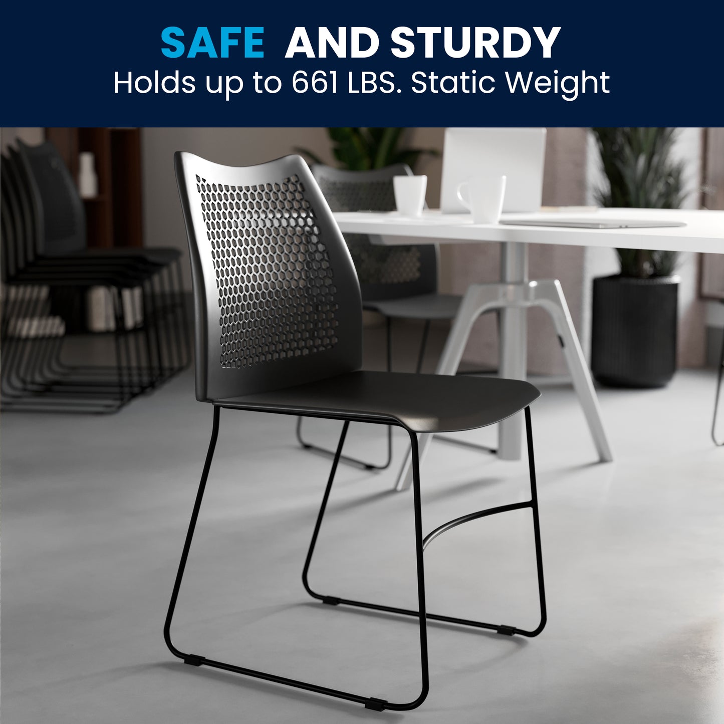 HERCULES Series 661 lb. Capacity Black Stack Chair with Air-Vent Back and Black Powder Coated Sled Base Black