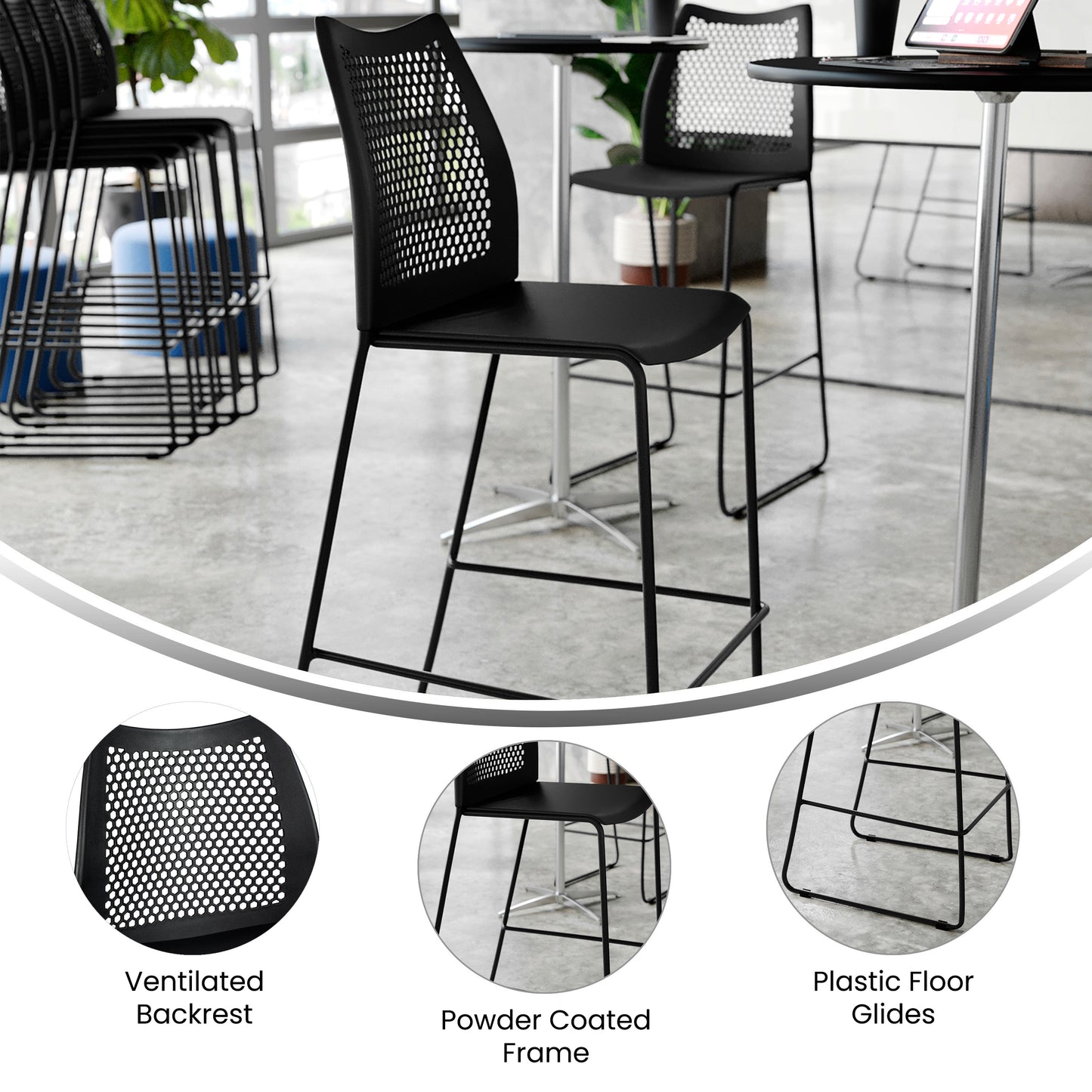 HERCULES Stack Bar Stool with Air-Vent Back and Powder Coated Sled Base Black Plastic/Black Frame