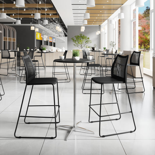 HERCULES Stack Bar Stool with Air-Vent Back and Powder Coated Sled Base Black Plastic/Black Frame