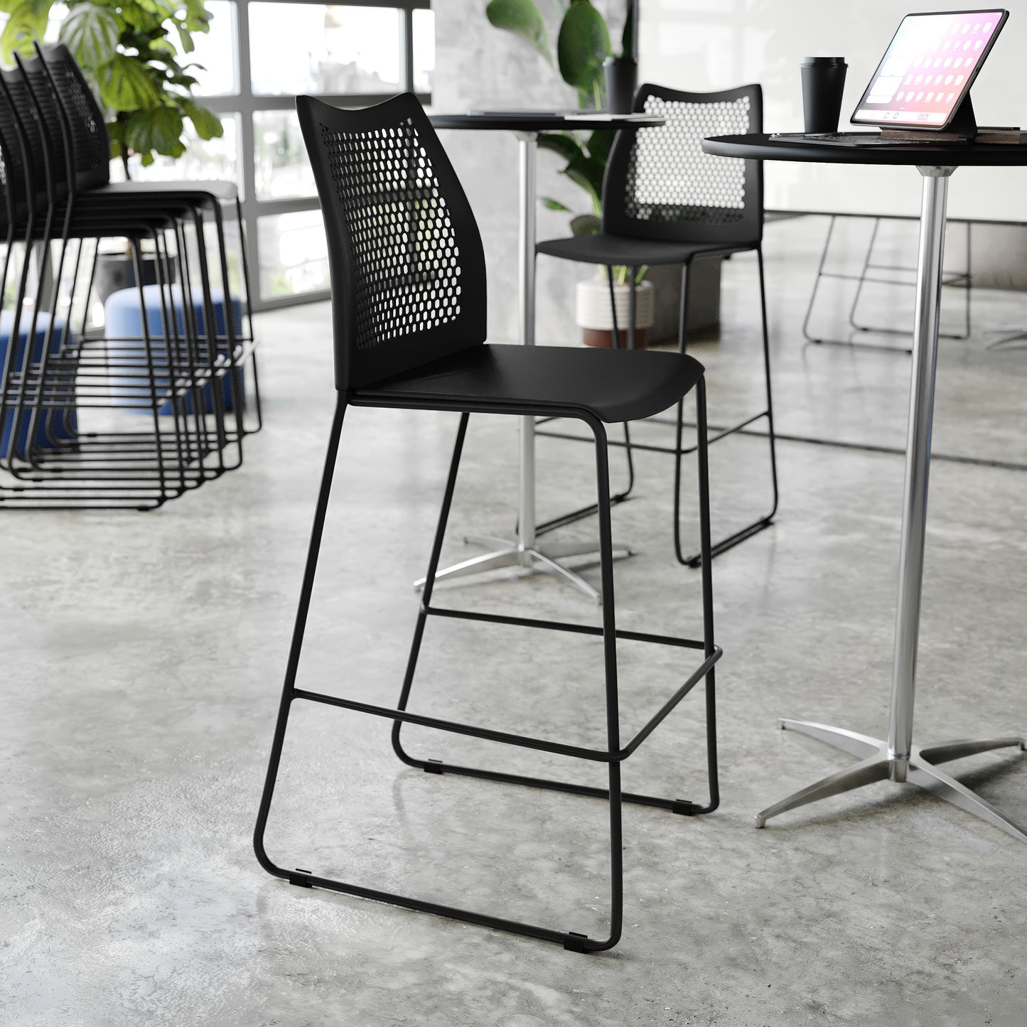 HERCULES Stack Bar Stool with Air-Vent Back and Powder Coated Sled Base Black Plastic/Black Frame