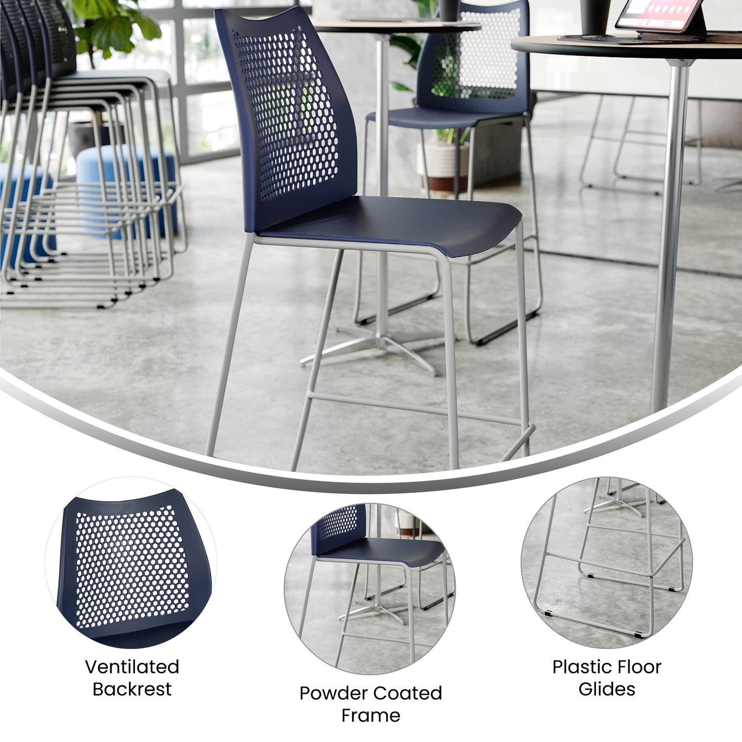 HERCULES Navy Stack Bar Stool with Air-Vent Back and Gray Powder Coated Sled Base Navy Plastic/Gray Frame RUT-498A-BS-NV-GG