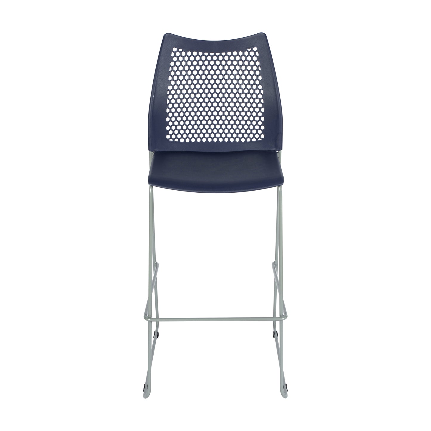 HERCULES Navy Stack Bar Stool with Air-Vent Back and Gray Powder Coated Sled Base Navy Plastic/Gray Frame RUT-498A-BS-NV-GG