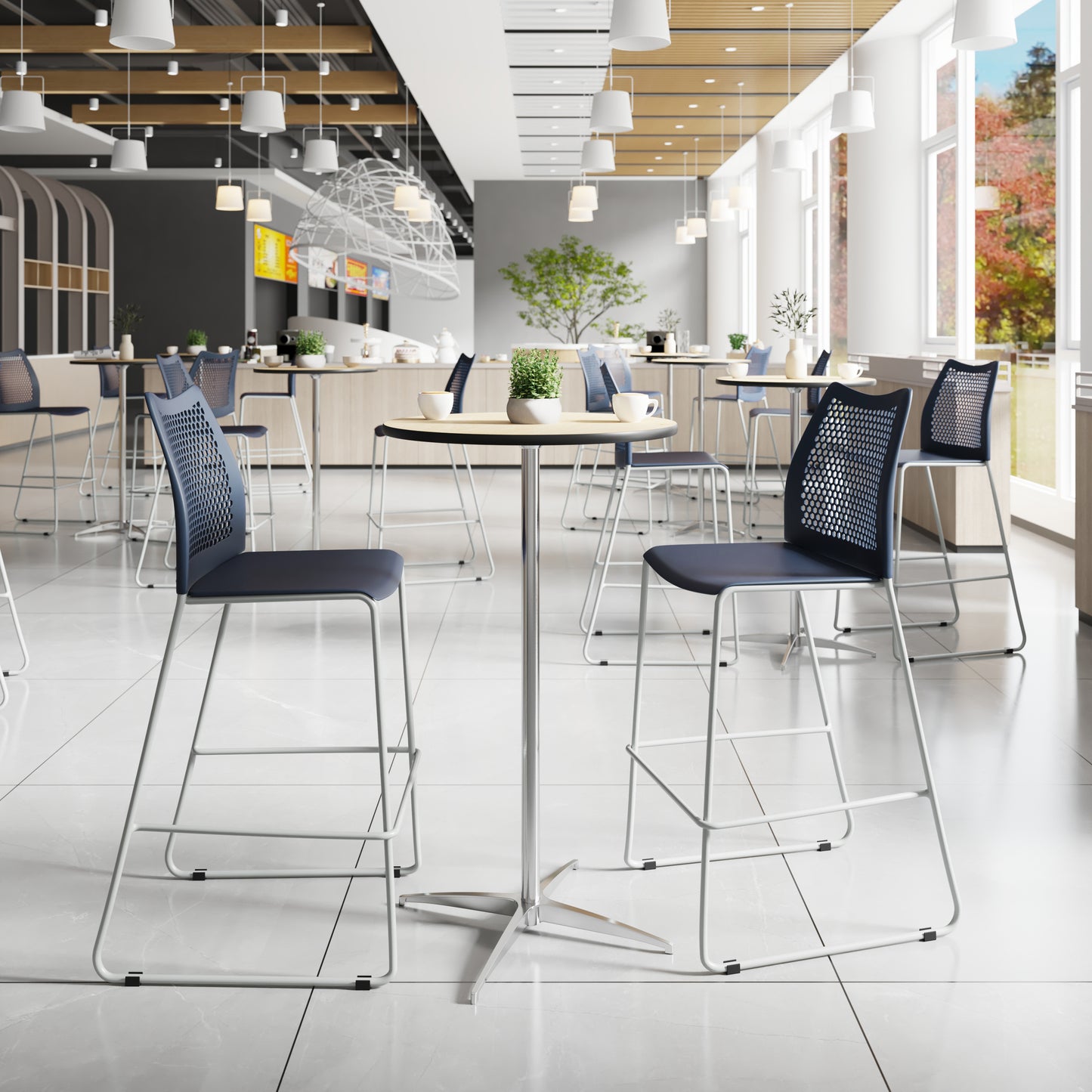 HERCULES Navy Stack Bar Stool with Air-Vent Back and Gray Powder Coated Sled Base Navy Plastic/Gray Frame RUT-498A-BS-NV-GG