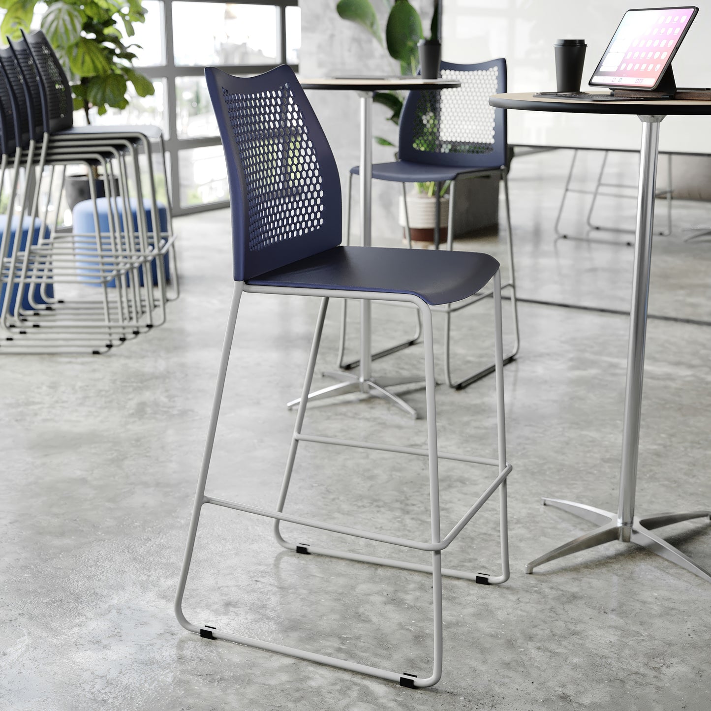 HERCULES Navy Stack Bar Stool with Air-Vent Back and Gray Powder Coated Sled Base Navy Plastic/Gray Frame RUT-498A-BS-NV-GG