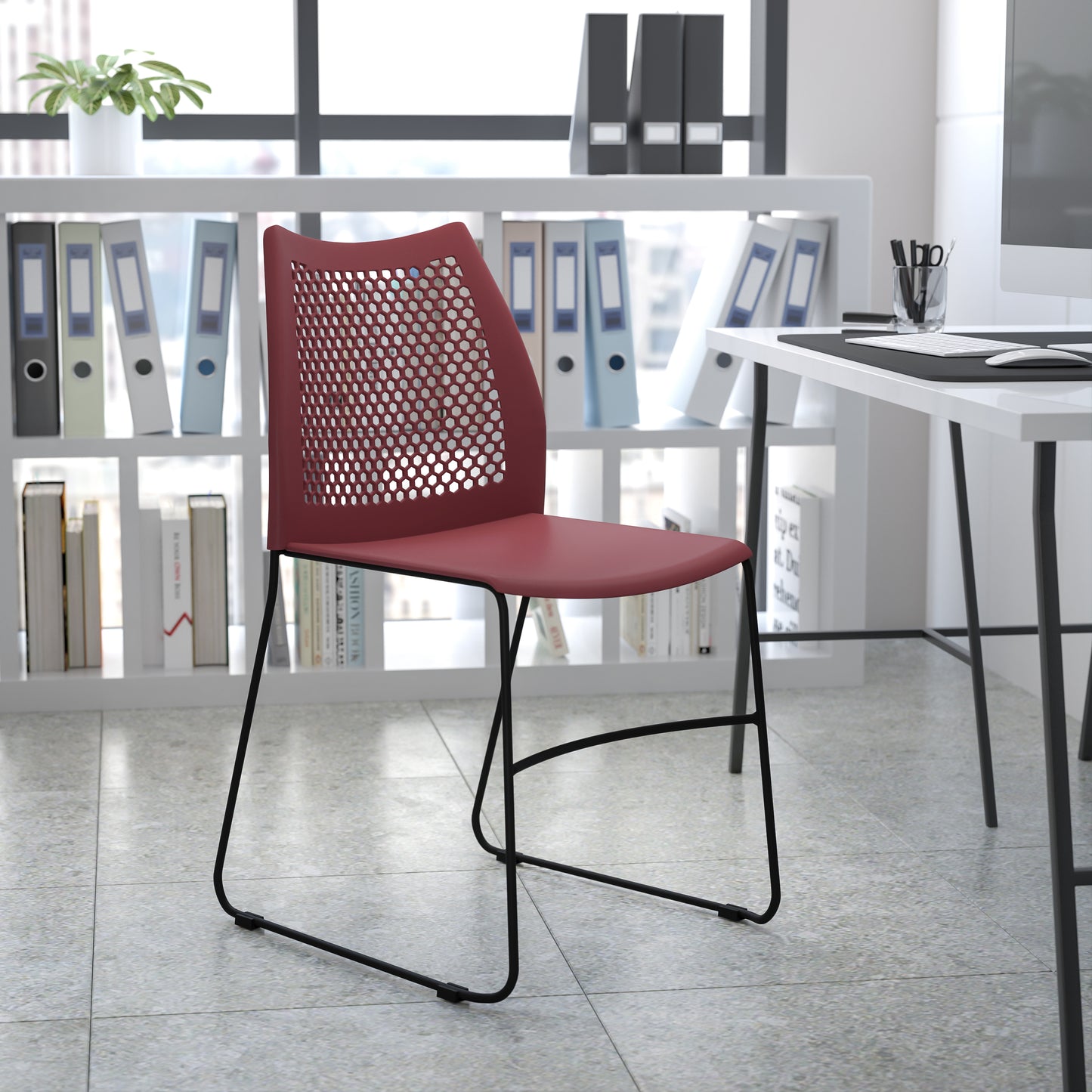 HERCULES Series 661 lb. Capacity Burgundy Stack Chair with Air-Vent Back and Black Powder Coated Sled Base Burgundy