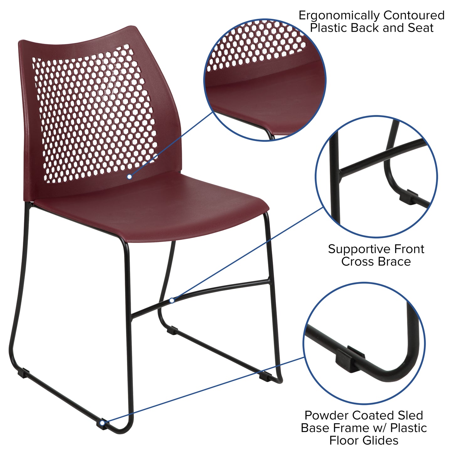 HERCULES Series 661 lb. Capacity Burgundy Stack Chair with Air-Vent Back and Black Powder Coated Sled Base Burgundy