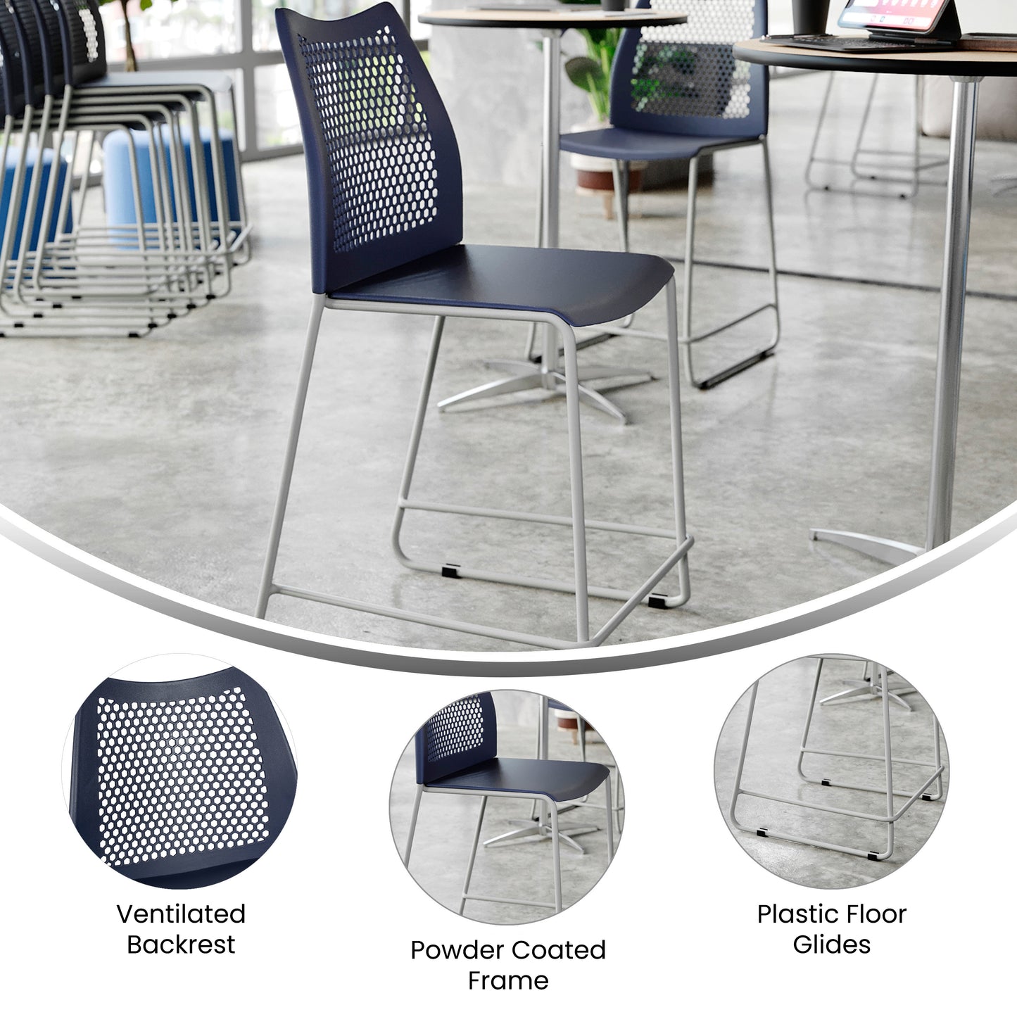 HERCULES Navy Stack Counter Stool with Air-Vent Back and Gray Powder Coated Sled Base Navy Plastic/Gray Frame