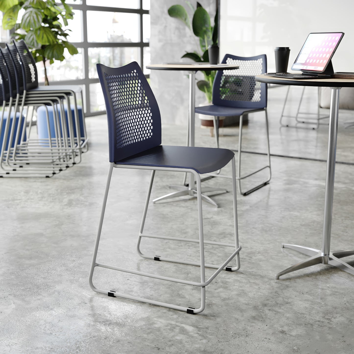 HERCULES Navy Stack Counter Stool with Air-Vent Back and Gray Powder Coated Sled Base Navy Plastic/Gray Frame