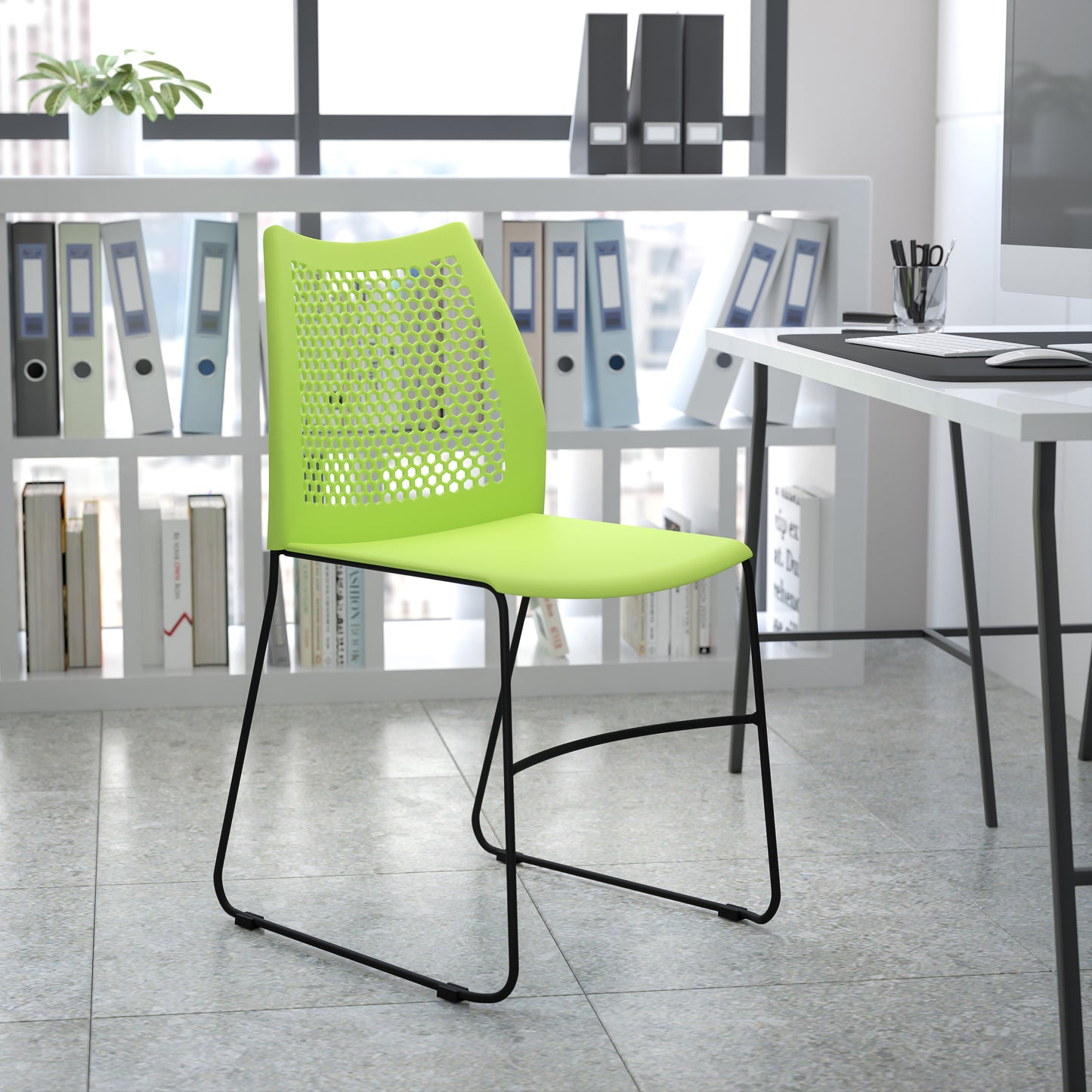 HERCULES Series 661 lb. Capacity Green Stack Chair with Air-Vent Back and Gray Powder Coated Sled Base Green