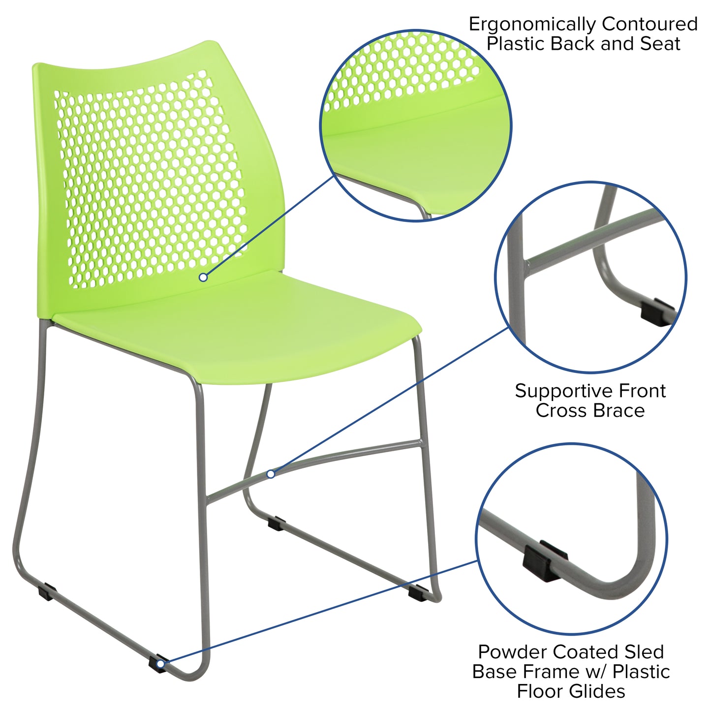 HERCULES Series 661 lb. Capacity Green Stack Chair with Air-Vent Back and Gray Powder Coated Sled Base Green