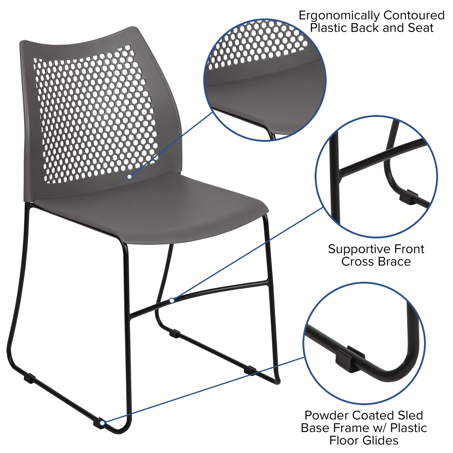 HERCULES Series 661 lb. Capacity Gray Stack Chair with Air-Vent Back and Black Powder Coated Sled Base Gray